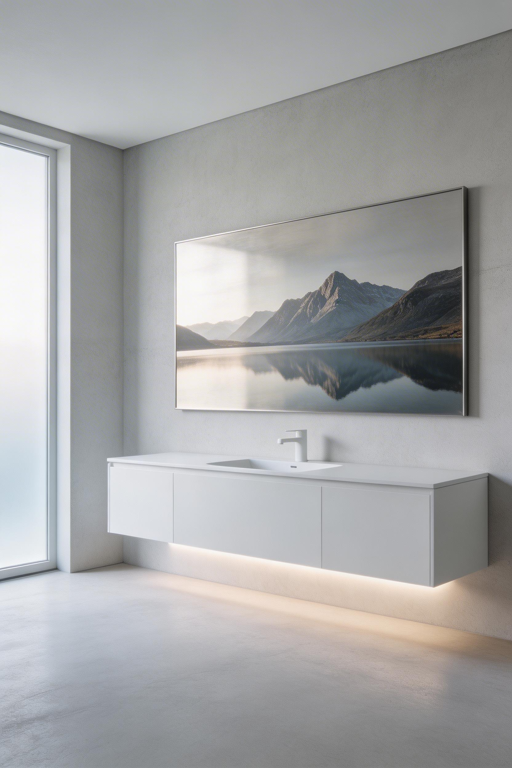 Contemporary bathroom showcasing a striking landscape photograph printed on brushed aluminum metal