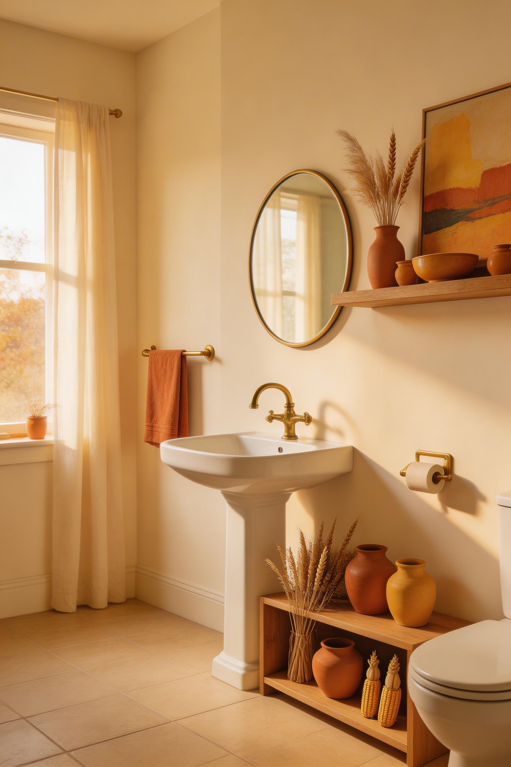 Seasonally-styled bathroom with autumn-palette art and accessories creating warm, refreshed atmosphere