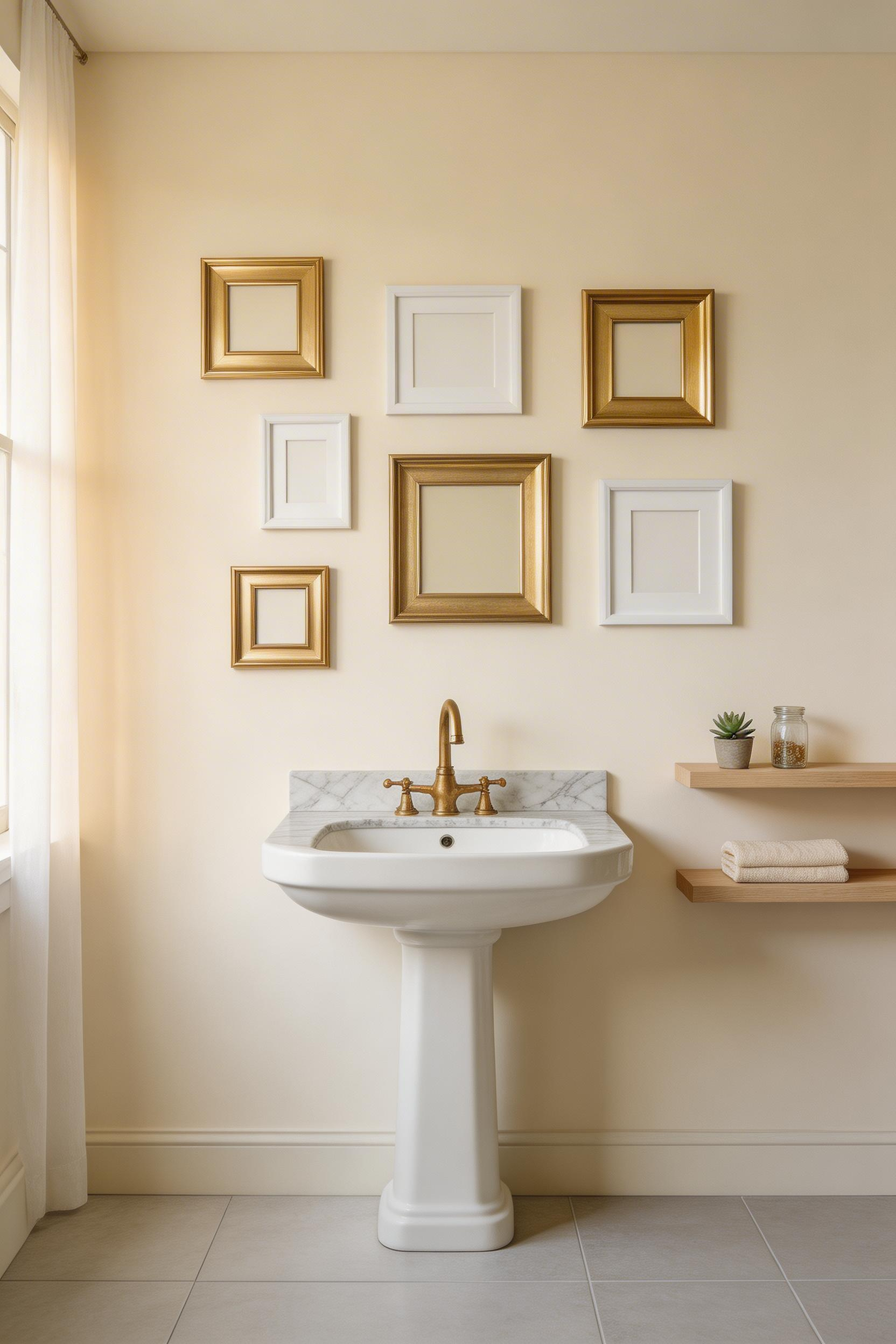 Artistic bathroom with an asymmetrical gallery wall of mixed frame styles creating a dynamic feature wall