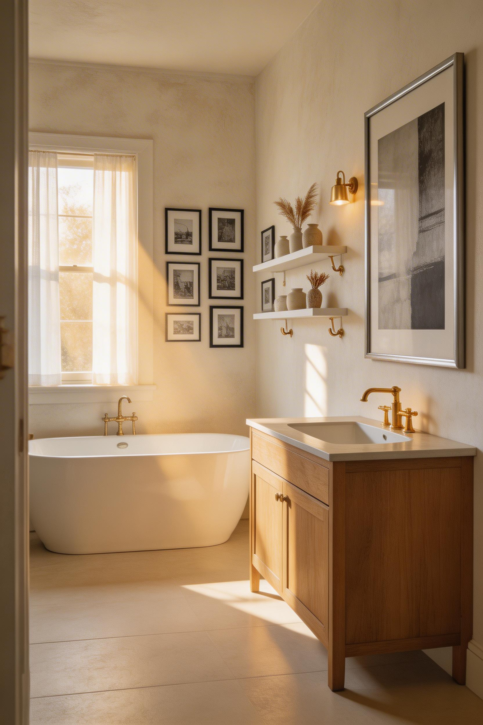 A comprehensive bathroom gallery scene featuring multiple art display methods including framed photography gallery wall, statement print above vanity, and styled shelving with art objects