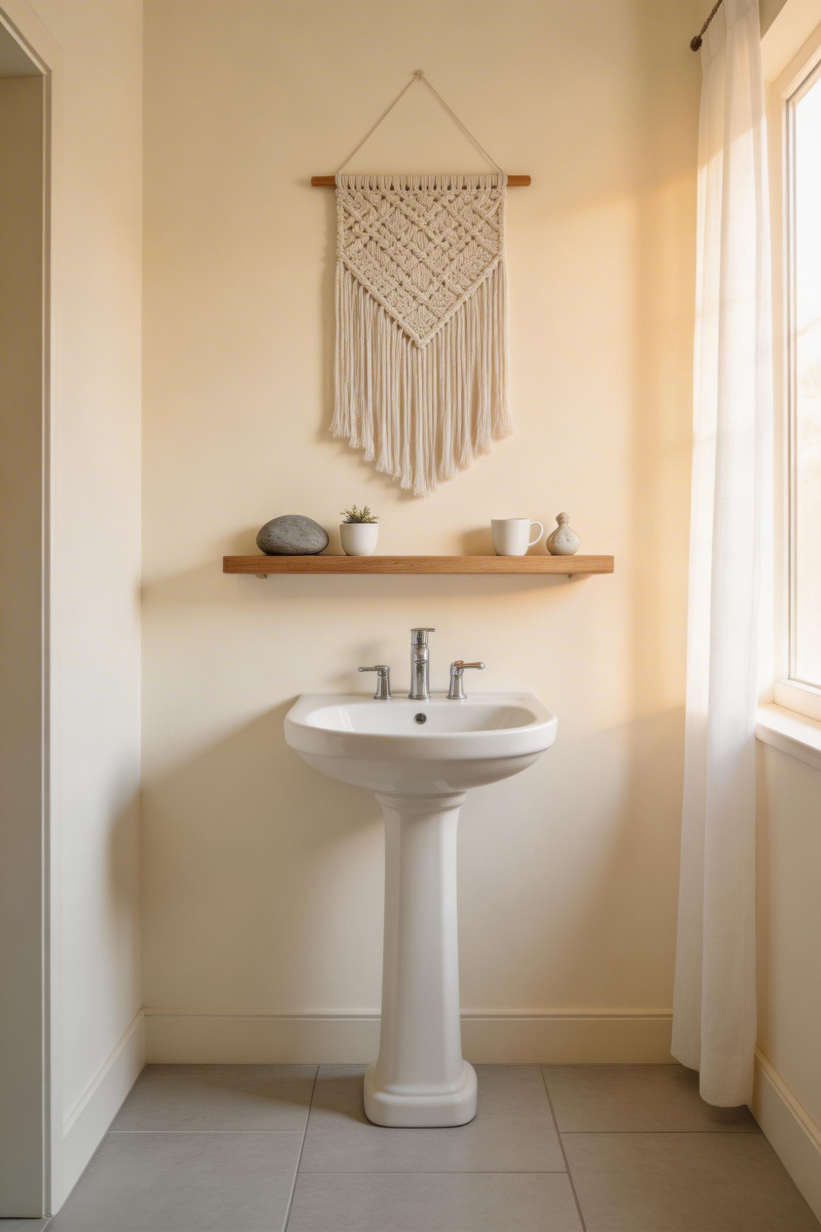 Warm bathroom interior featuring natural cotton macramé wall hanging positioned above a styled wooden shelf
