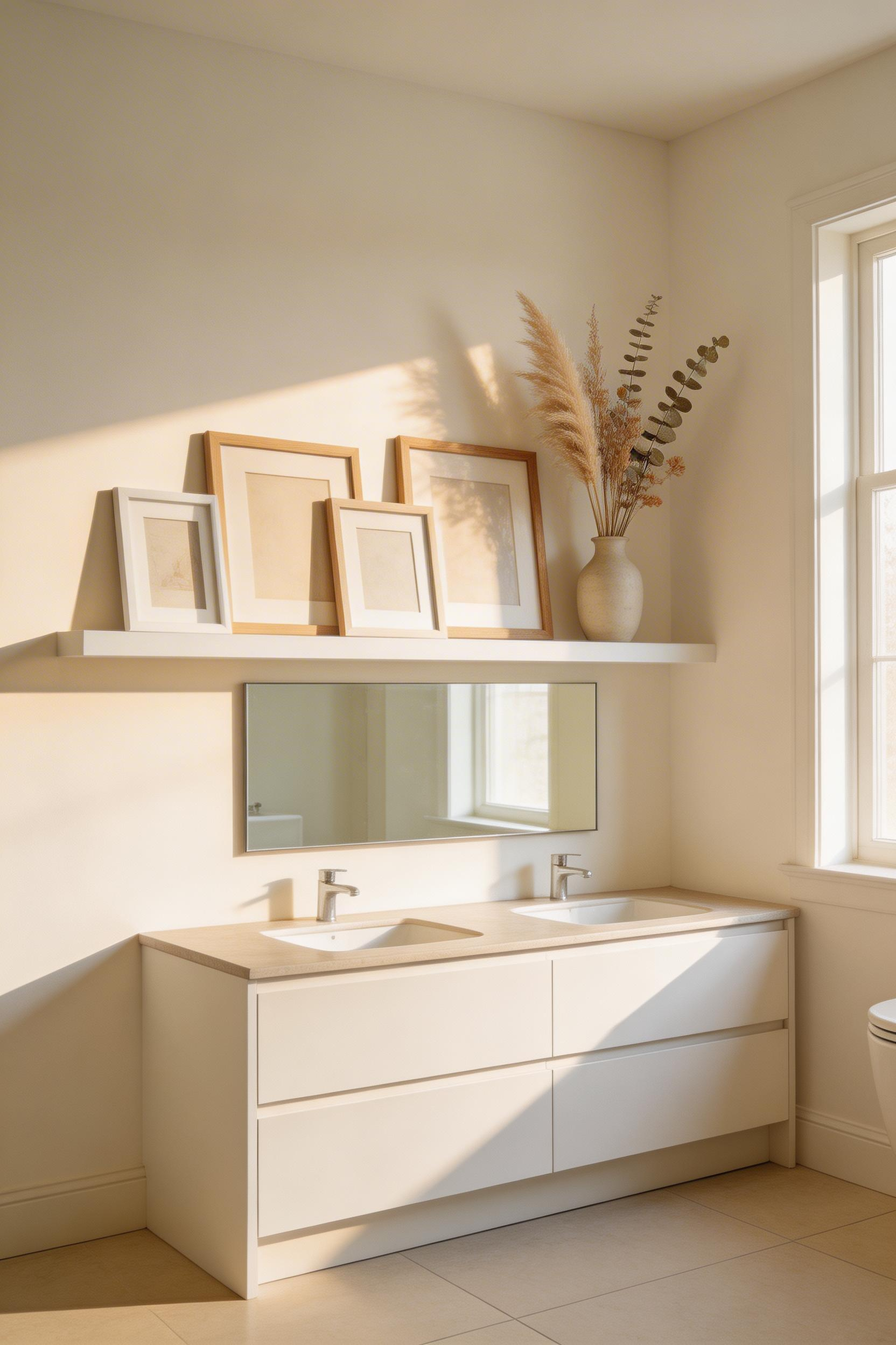 Dynamic bathroom featuring painted picture ledge with layered rotating frame display and accessory styling