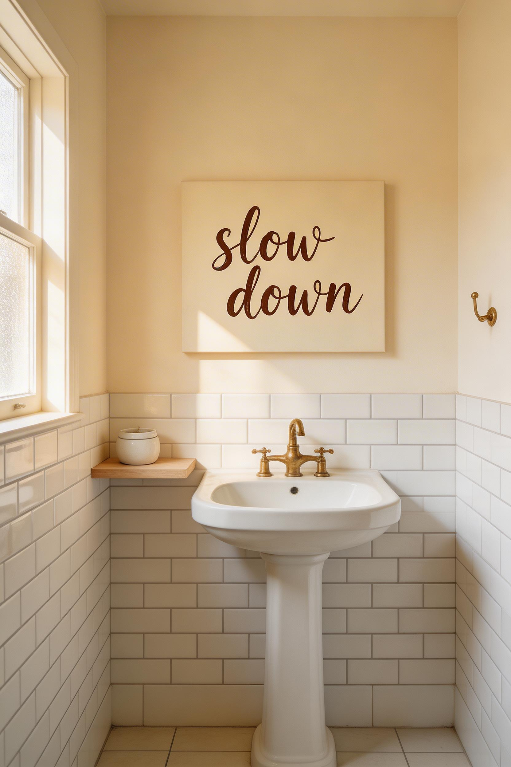 Personalized bathroom featuring custom hand-lettered quote art in elegant brush script on cream background