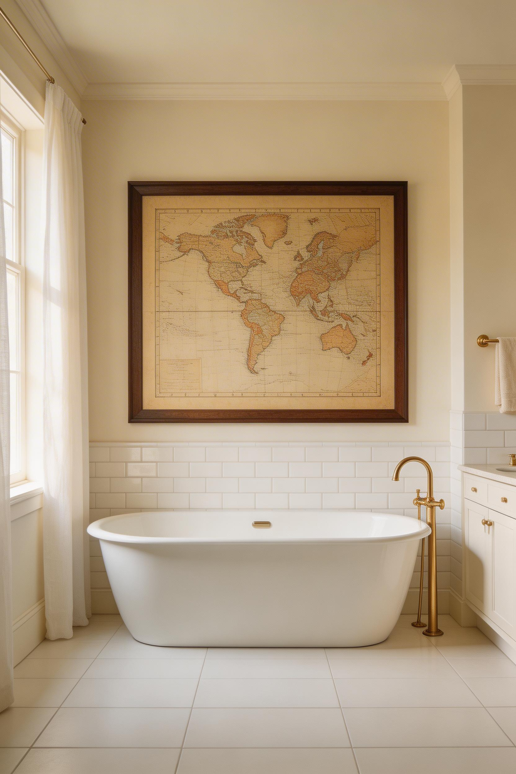 Travel-inspired bathroom featuring a large-scale framed antique map displayed above a standalone bathtub