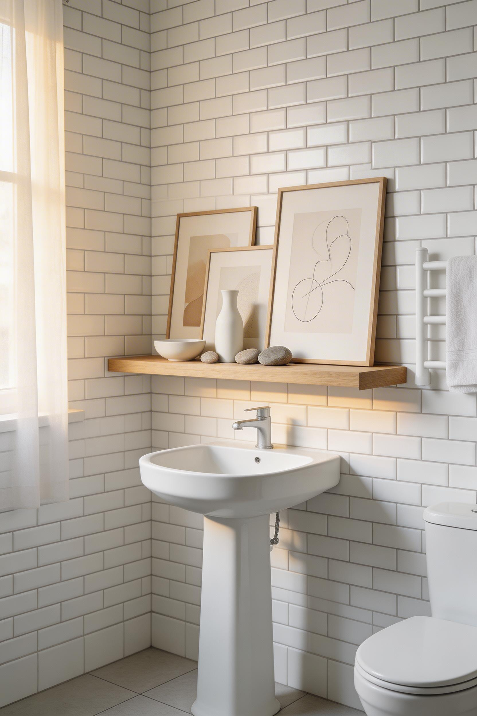 Styled bathroom shelf displaying art prints layered with ceramic vessels and natural stone accessories