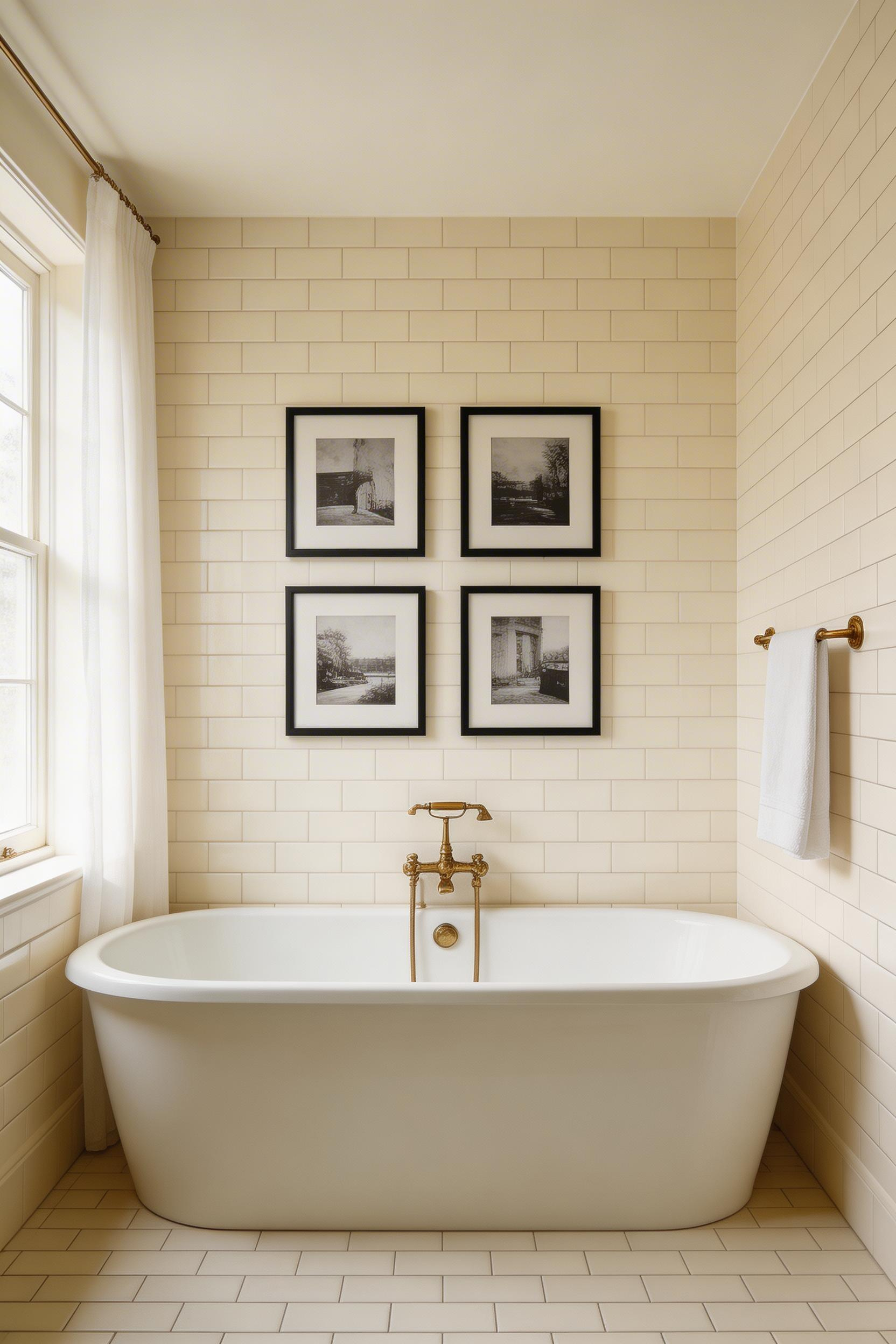 Elegant bathroom gallery wall with black-and-white photographs displayed above a standalone bathtub