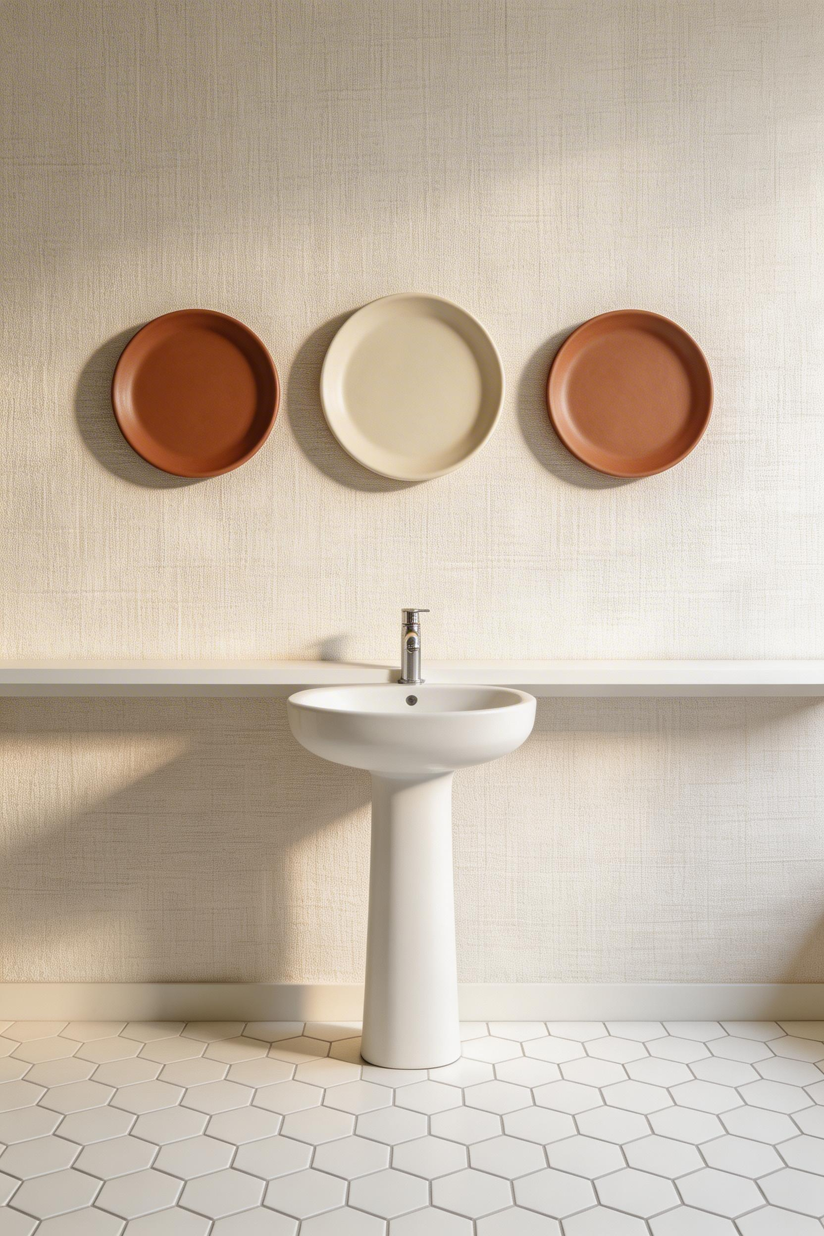 Artistic bathroom display featuring three ceramic wall-mounted platters as sculptural art elements