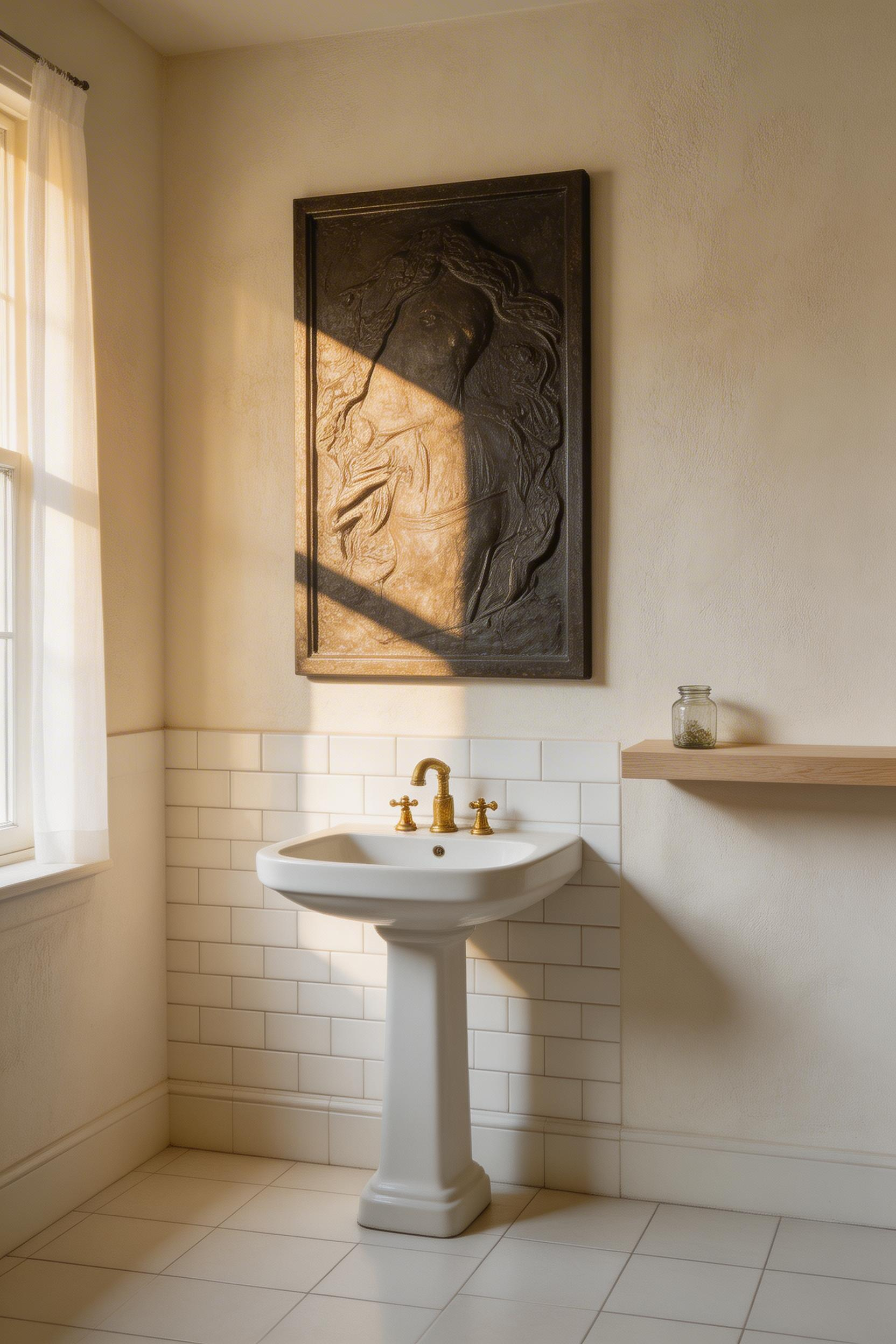 Textured bathroom featuring a cast metal wall sculpture with relief details creating dimensional visual interest