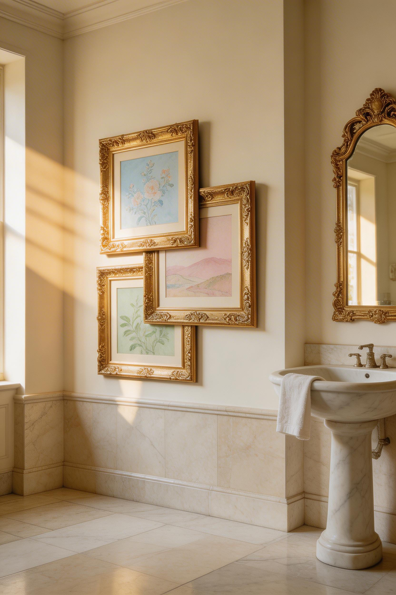 Vintage bathroom featuring gilded ornate frames with watercolor artwork as decorative objects
