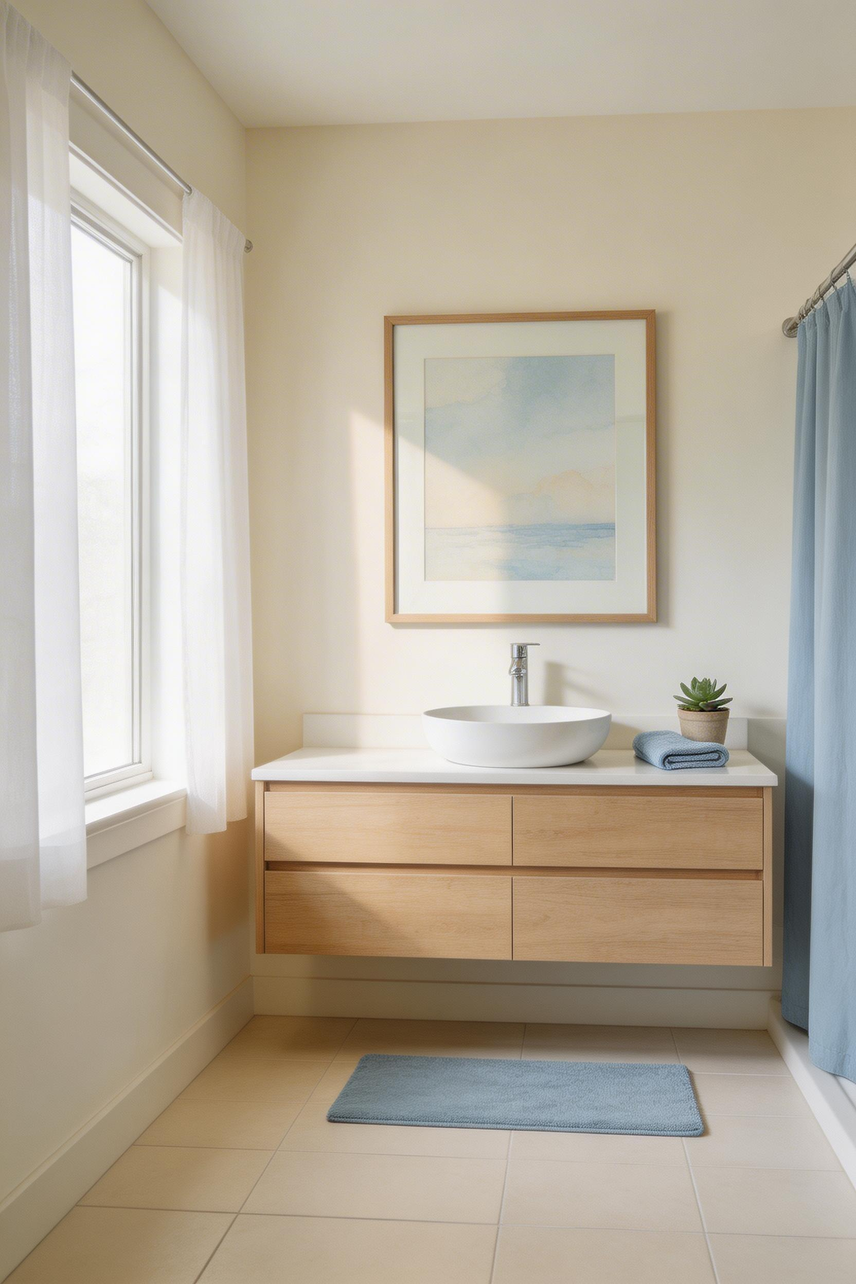 Serene bathroom featuring an original watercolor print in protective glass frame positioned to catch natural window light