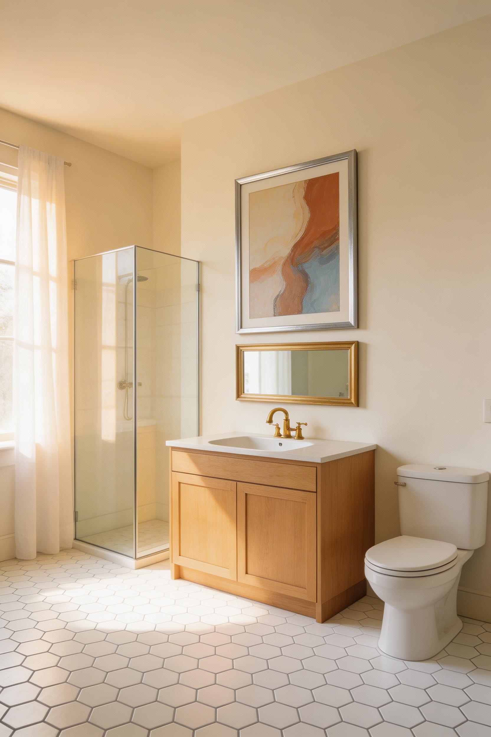Sophisticated bathroom with a large framed abstract statement print as the dominant focal point above the vanity