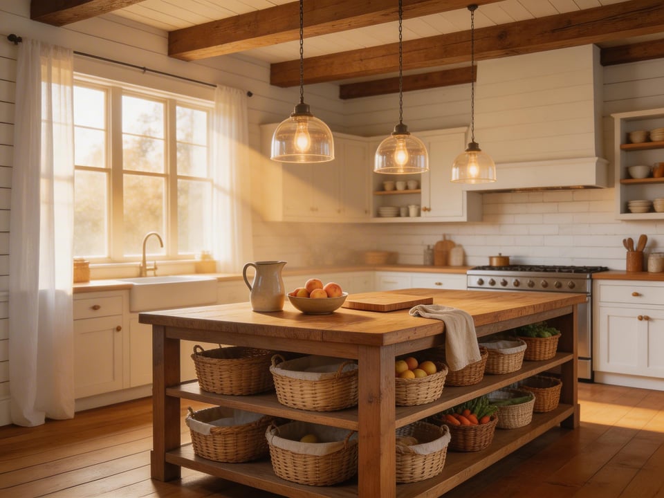 A rustic kitchen island in reclaimed wood and butcher block anchors a warm farmhouse kitchen with material history and genuine working character — the centrepiece that earns its place through daily use and improves with every season.