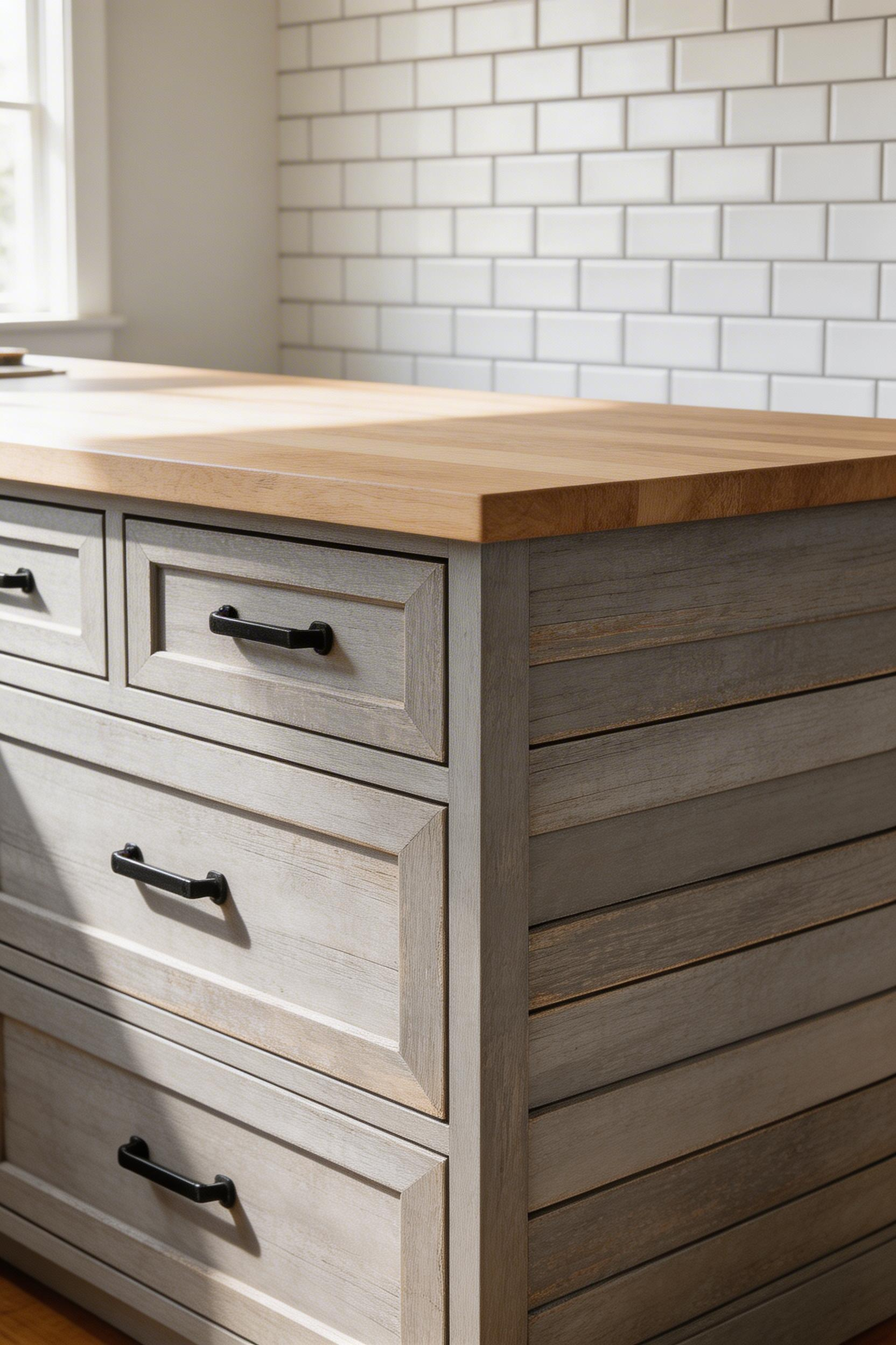 Barn wood shiplap cladding transforms an ordinary island frame into a rustic kitchen island with genuine farmhouse texture, using salvaged or peel-and-stick planks to add layered visual depth without structural changes.