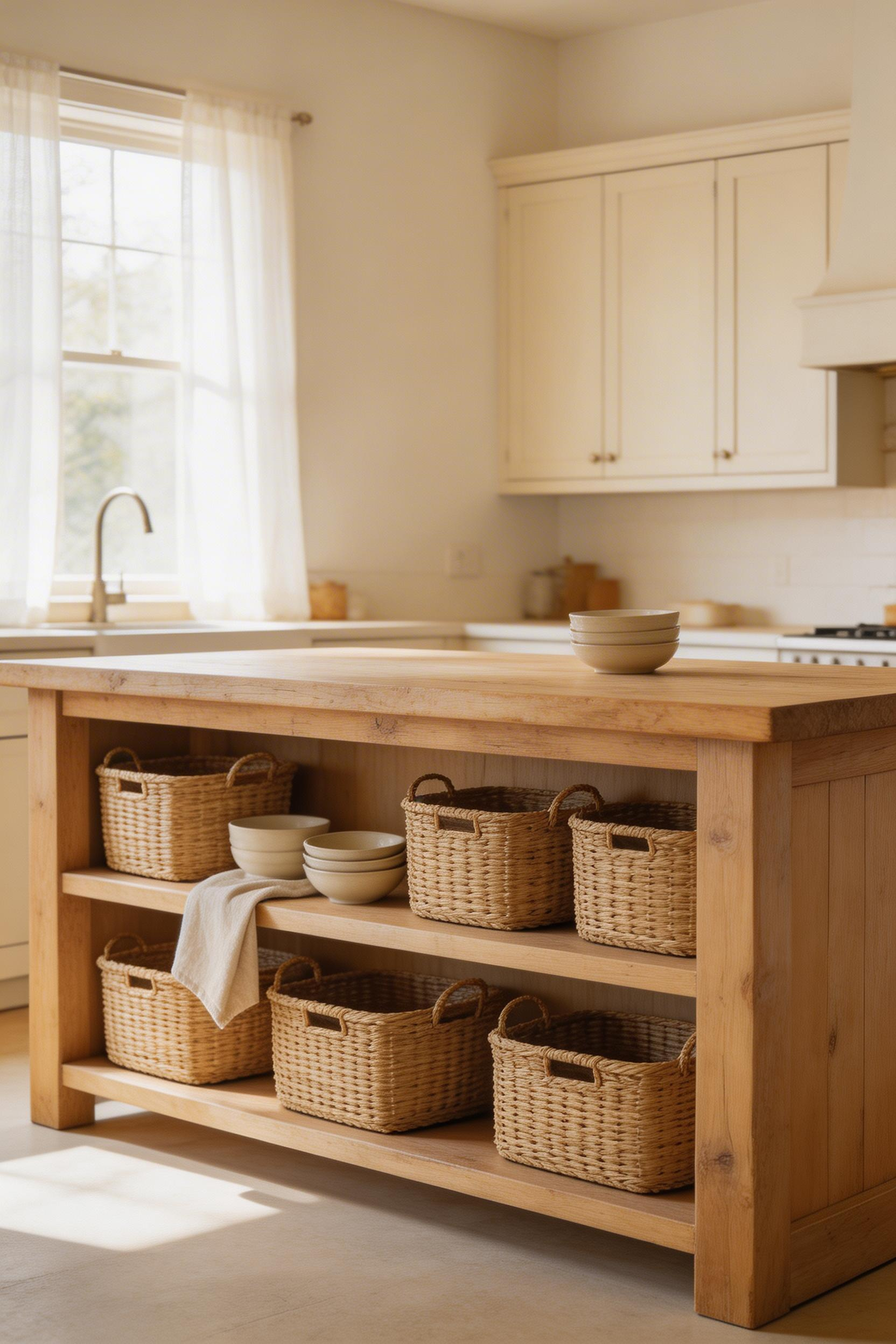 Open-shelf rustic kitchen island storage with woven rattan and seagrass baskets keeps clutter invisible while adding natural texture and warmth, turning the island's lower half into part of the room's visual composition.