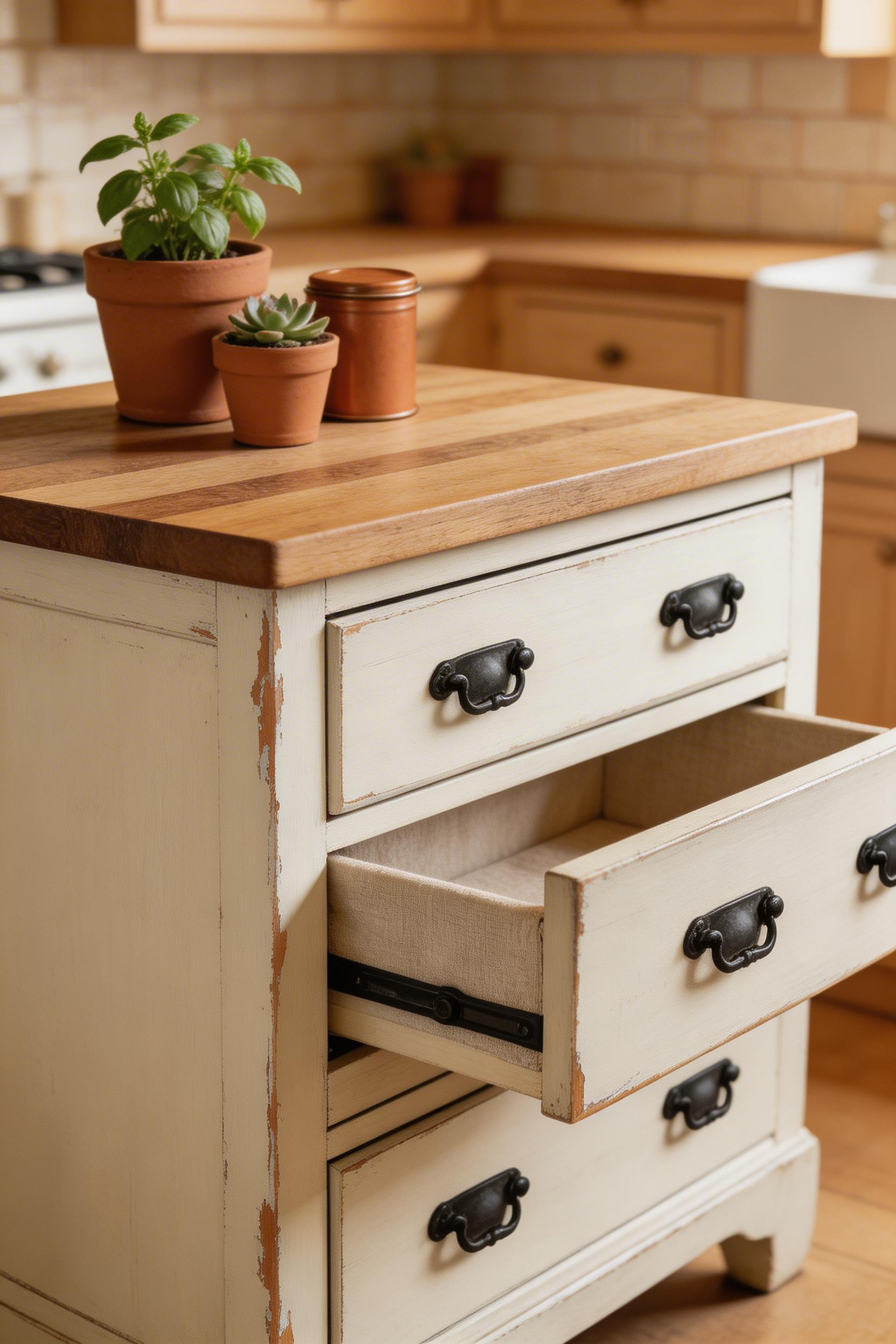 A vintage dresser converted into a rustic kitchen island brings genuine furniture history into the kitchen, with chalk paint, new hardware, and a wood top transforming a secondhand find into a one-of-a-kind prep centrepiece.