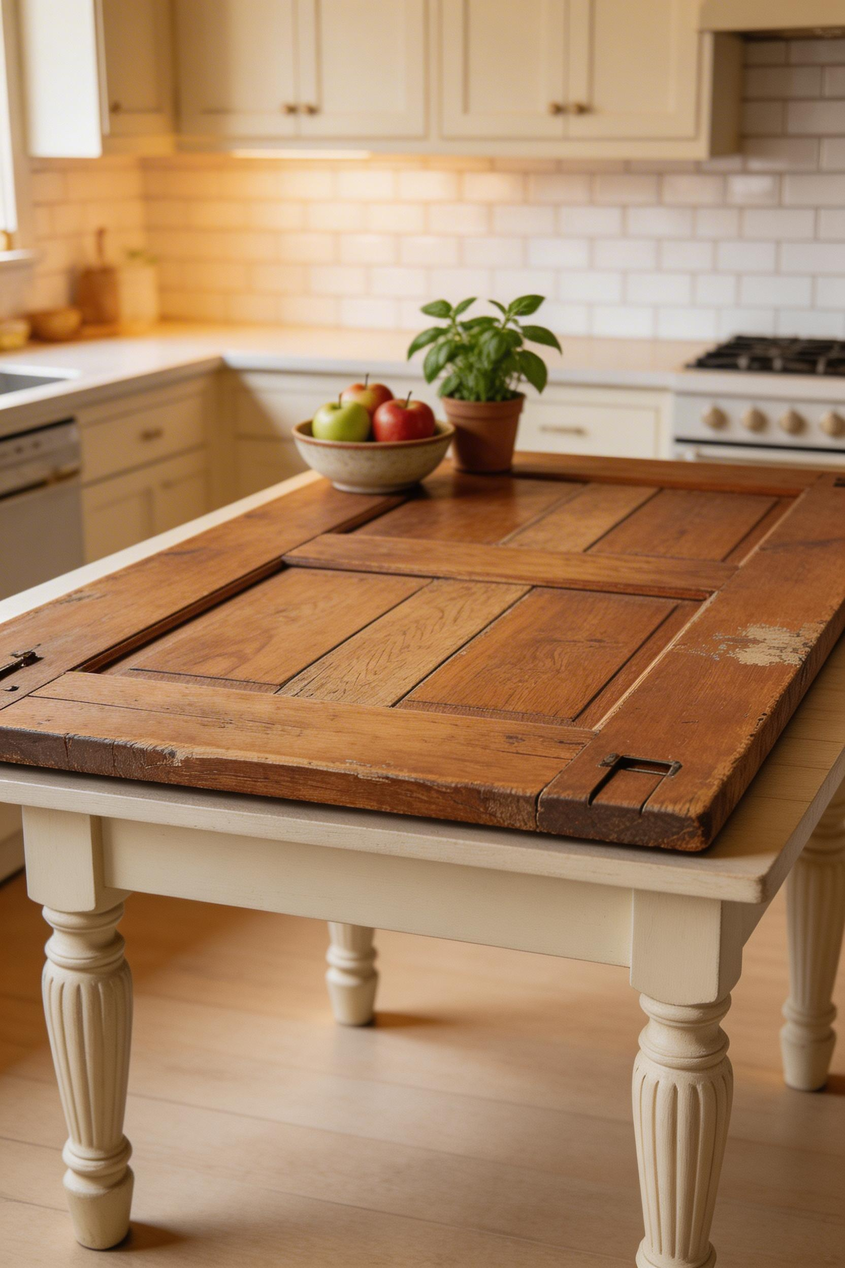 A repurposed old door used as a rustic kitchen island top brings the mass and material history of salvaged solid wood into the kitchen, creating a wide, character-rich work surface that no flat-pack top can match.