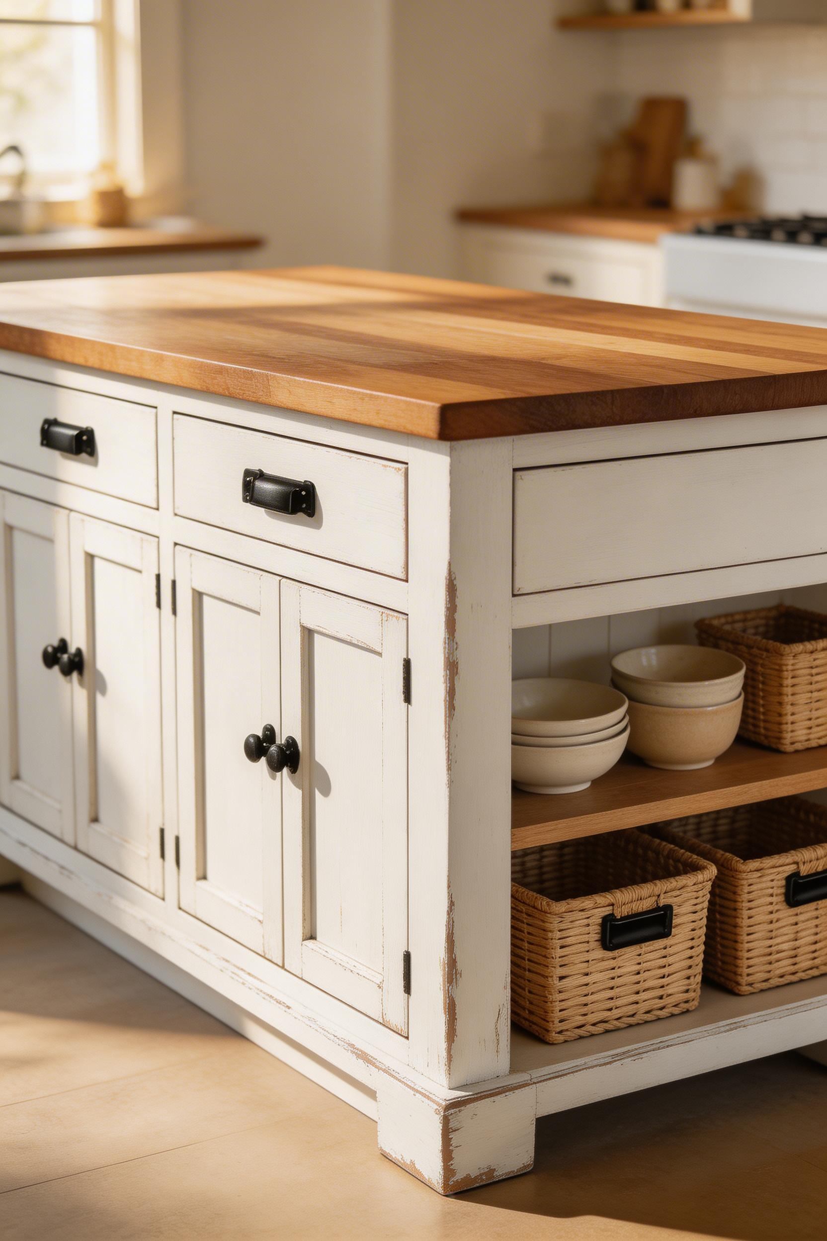 A distressed white-painted rustic kitchen island softens the farmhouse aesthetic with chalk paint and deliberate ageing techniques, using open lower shelving and iron hardware to ground the piece with genuine character rather than showroom polish.