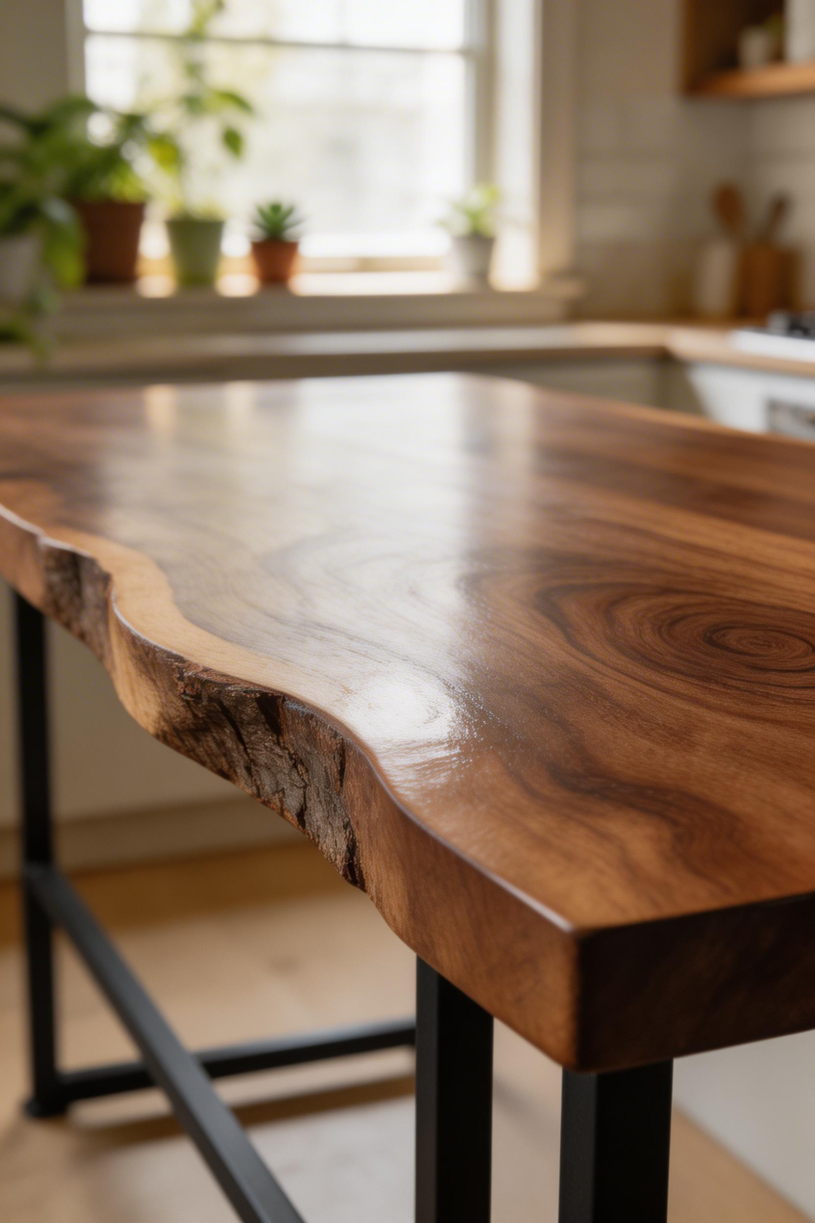 A live edge slab as a rustic kitchen island countertop preserves the natural form of the tree in full — curves, grain variation, and organic edge — creating a genuinely unrepeatable centrepiece that deepens in beauty with each season of use.