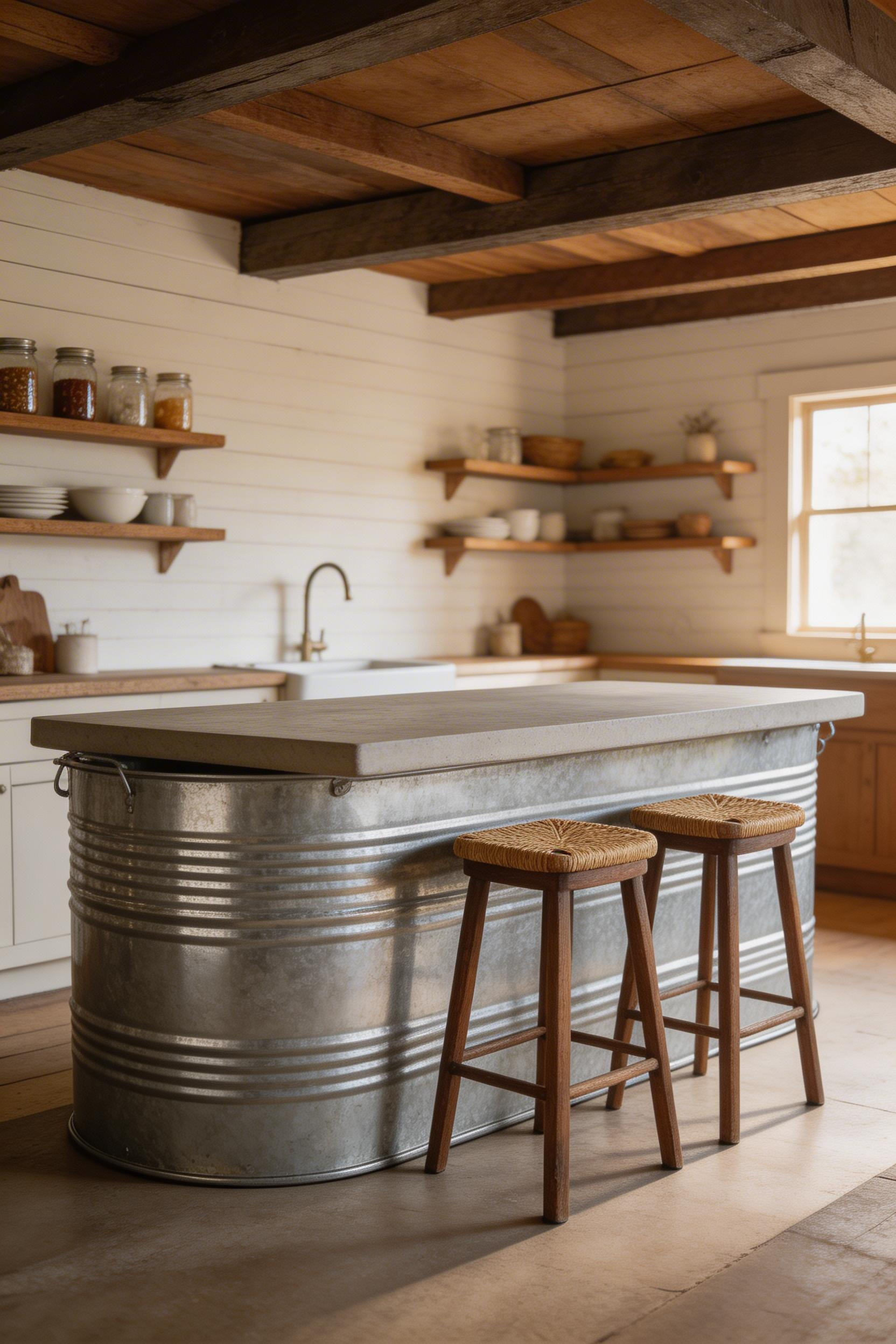 A galvanized steel trough used as a rustic kitchen island base turns a farm utility object into a functional, conversation-starting kitchen piece, combining raw industrial material with a concrete or butcher block lid for genuine farmhouse character.