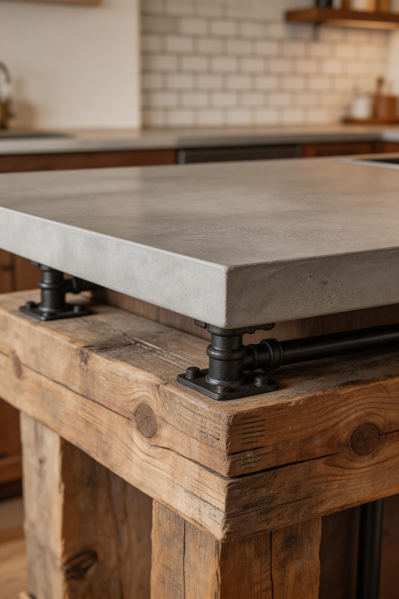 A honed concrete or natural stone top on a rustic wood base rustic kitchen island uses deliberate material contrast — cool and smooth against rough and warm — to create a resolved, sophisticated piece that is as durable as it is distinctive.