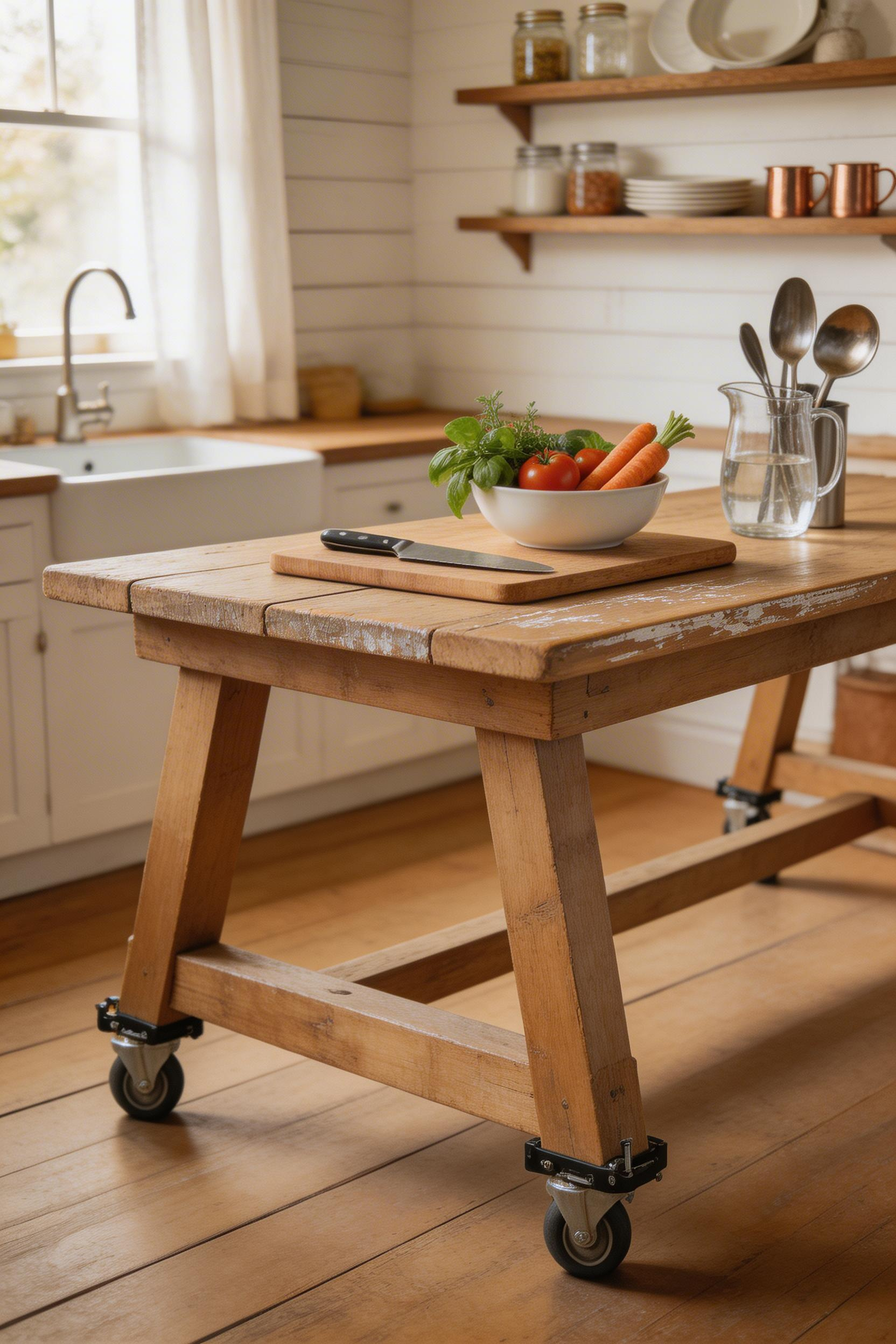 A vintage farmhouse table repurposed as a rustic kitchen island brings decades of authentic use into the kitchen, its solid wood construction, generous width, and earned surface character giving it a presence no new island can replicate.