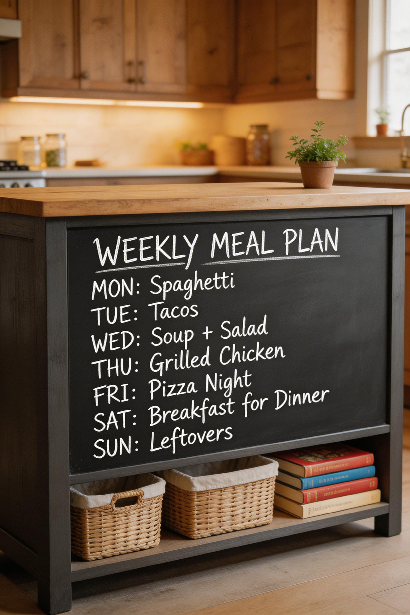 A chalkboard panel on the side of a rustic kitchen island makes the island a daily planning hub — meal schedules, shopping lists, and quick notes in chalk — without adding visual clutter or breaking the warm, handcrafted aesthetic.