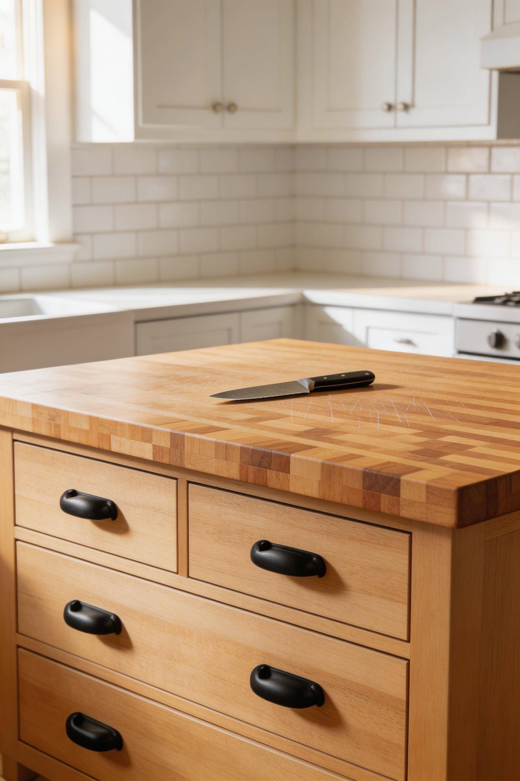 A butcher block island with deep drawer storage combines the highest-performance prep surface in domestic kitchens with practical, accessible storage for oversize pots, pans, and kitchen tools — the rustic kitchen island that earns its place through daily use.