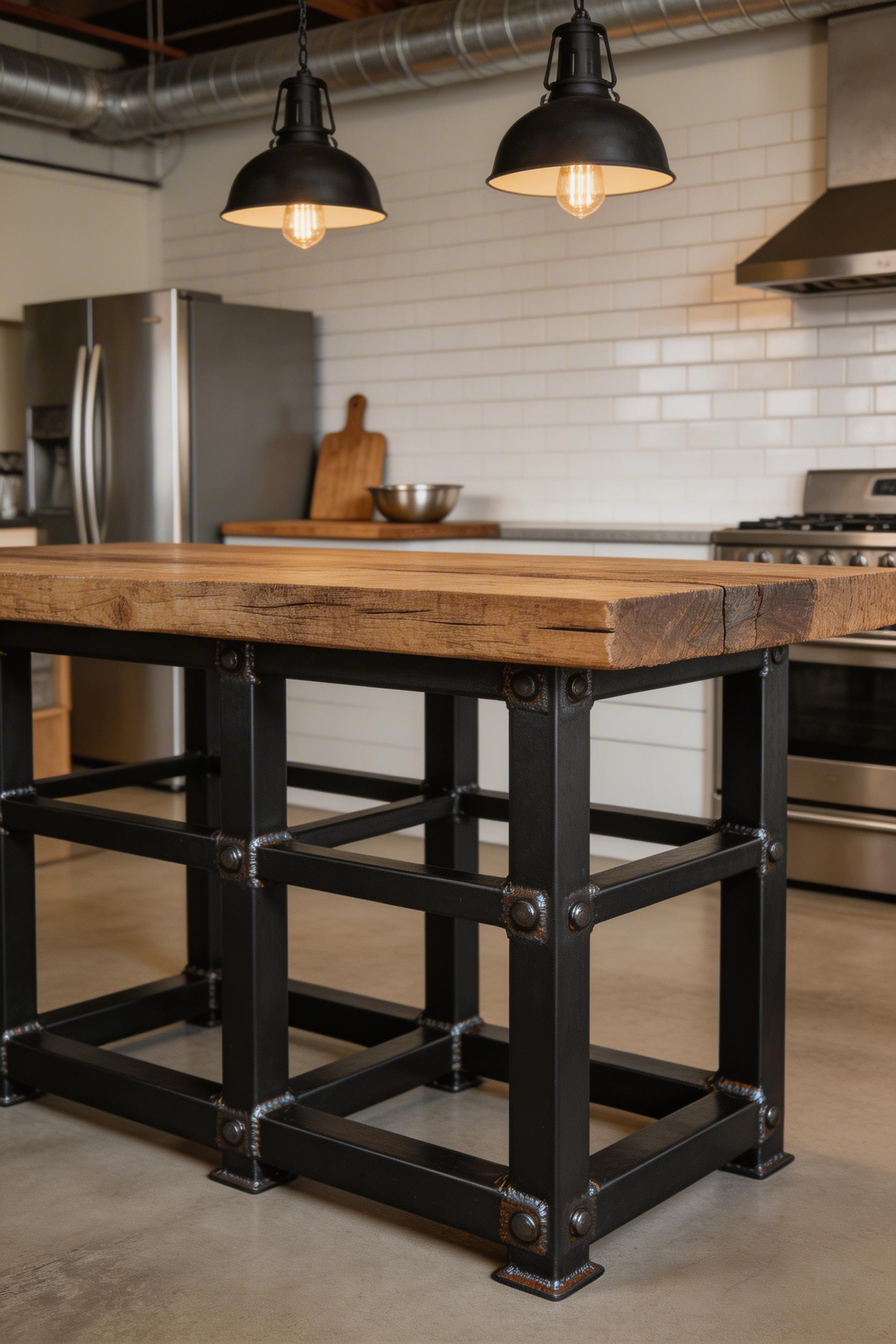 A steel-frame and reclaimed wood rustic kitchen island brings deliberate industrial-farmhouse contrast into the kitchen, pairing the precision of metal fabrication with the honest imperfection of aged timber.
