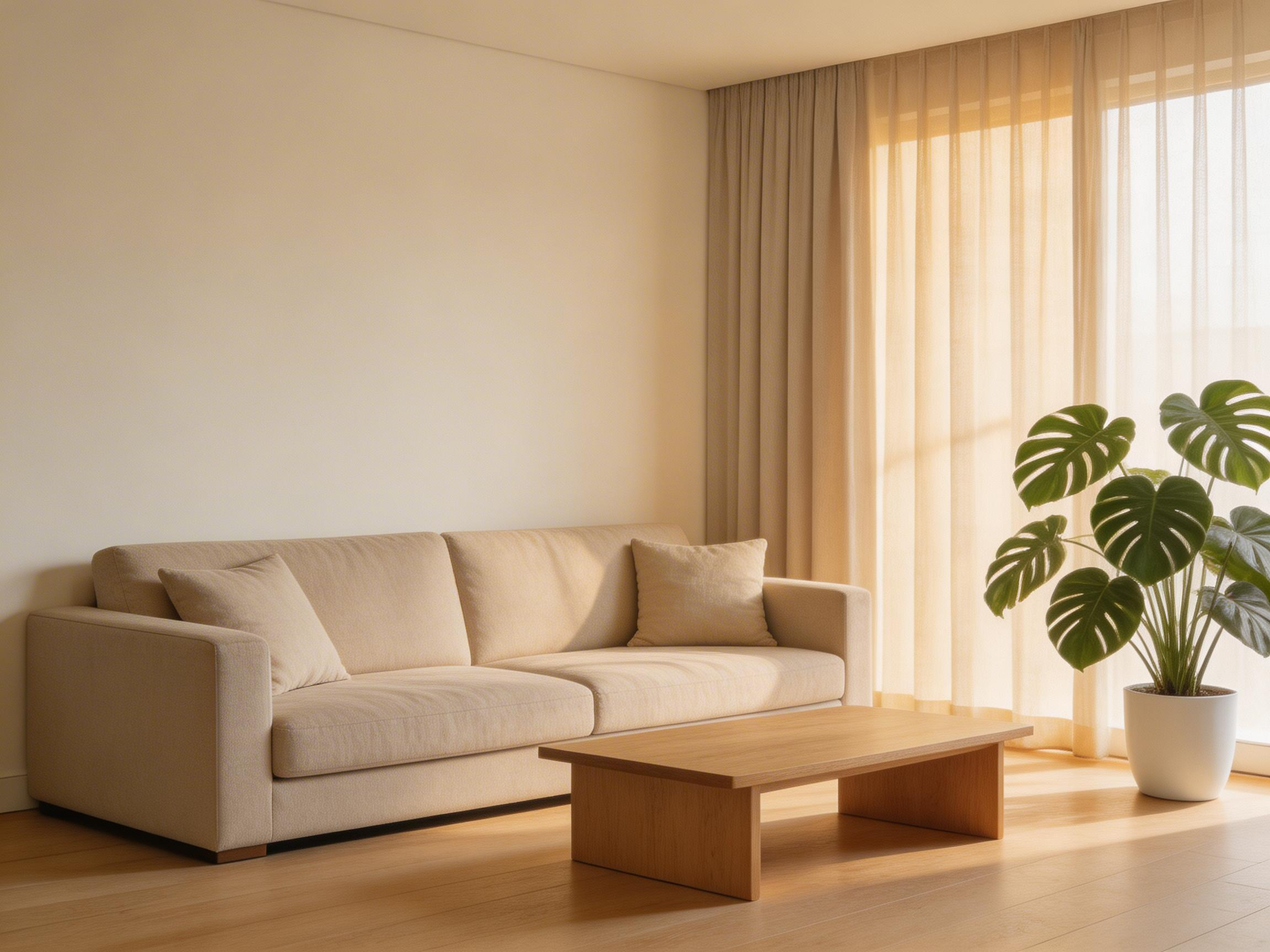 A calm, simple living room where every element has been chosen with care — warm white walls, natural wood, linen textiles, and a single statement plant create a space that feels complete without feeling over-decorated.