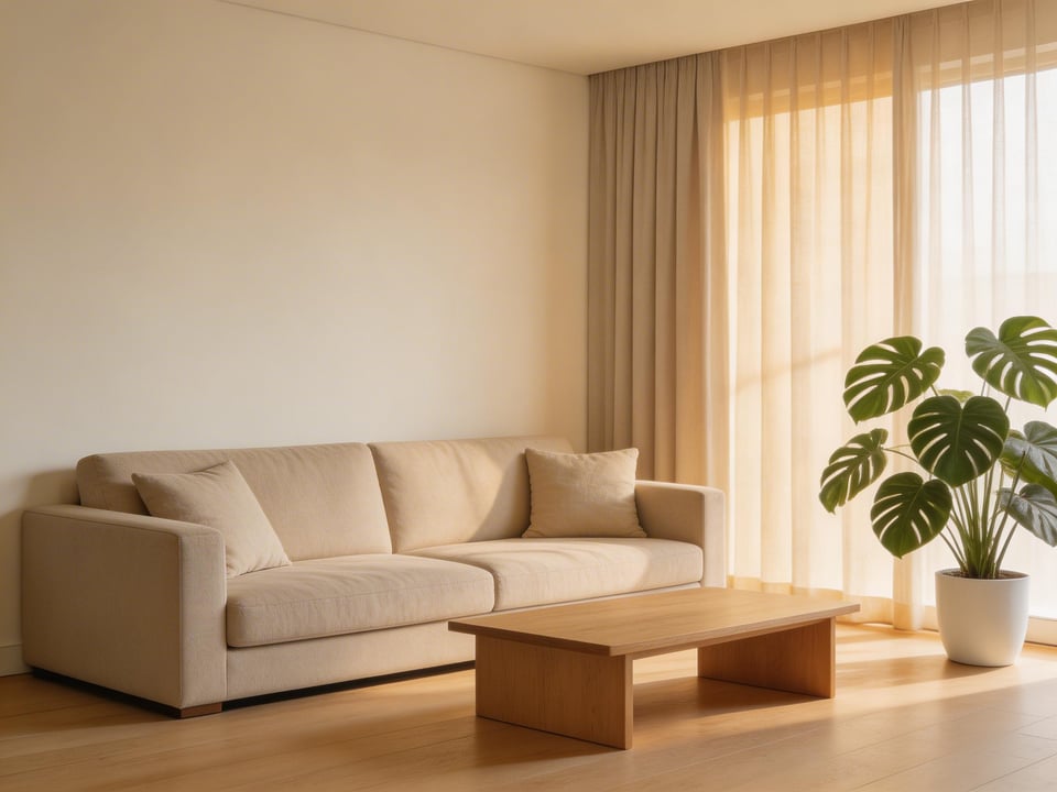 A calm, simple living room where every element has been chosen with care — warm white walls, natural wood, linen textiles, and a single statement plant create a space that feels complete without feeling over-decorated.
