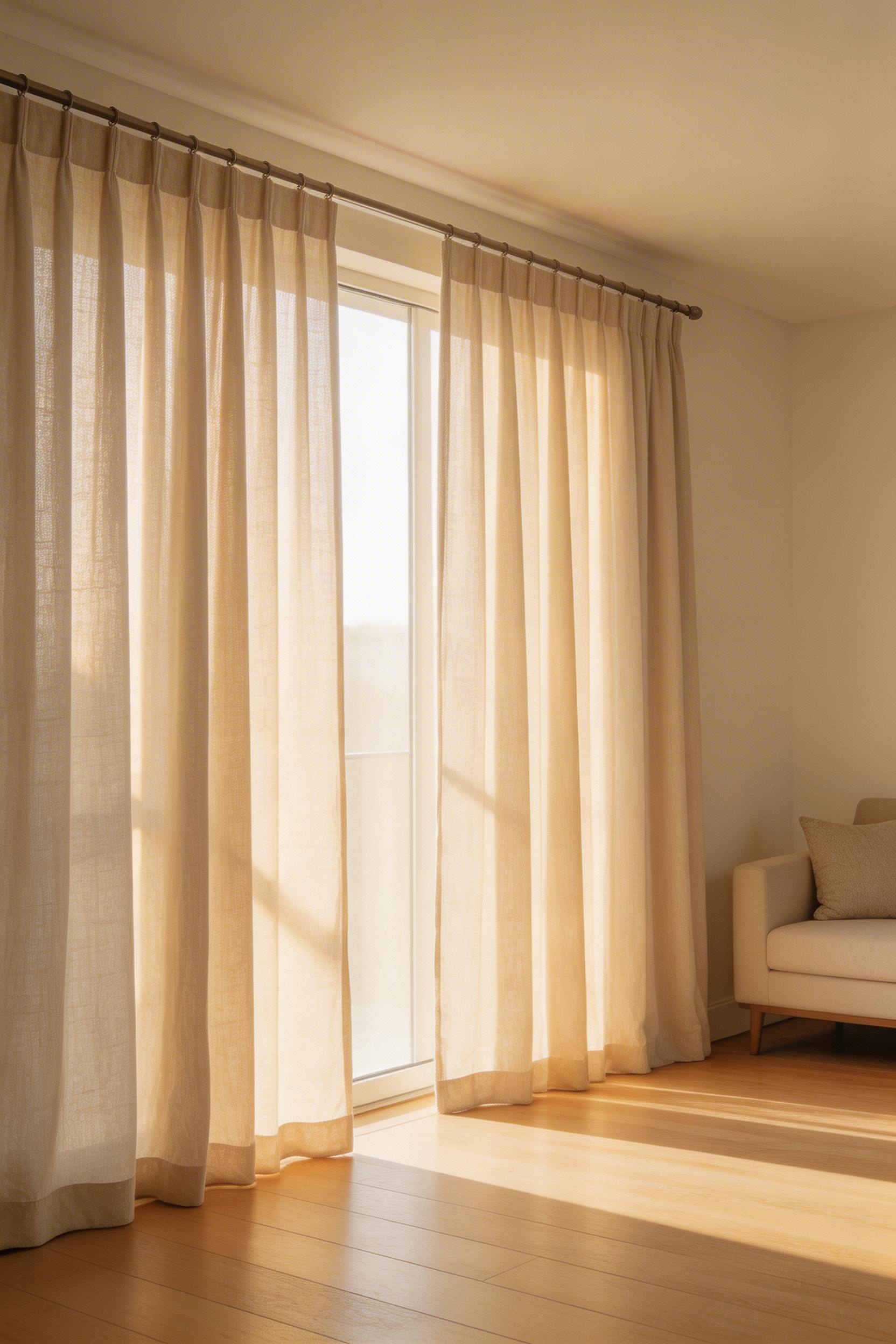 Ceiling-height linen curtains elongate walls and bring warmth to a minimal scheme — one of the most impactful simple living room ideas for rooms that feel low or underdressed.