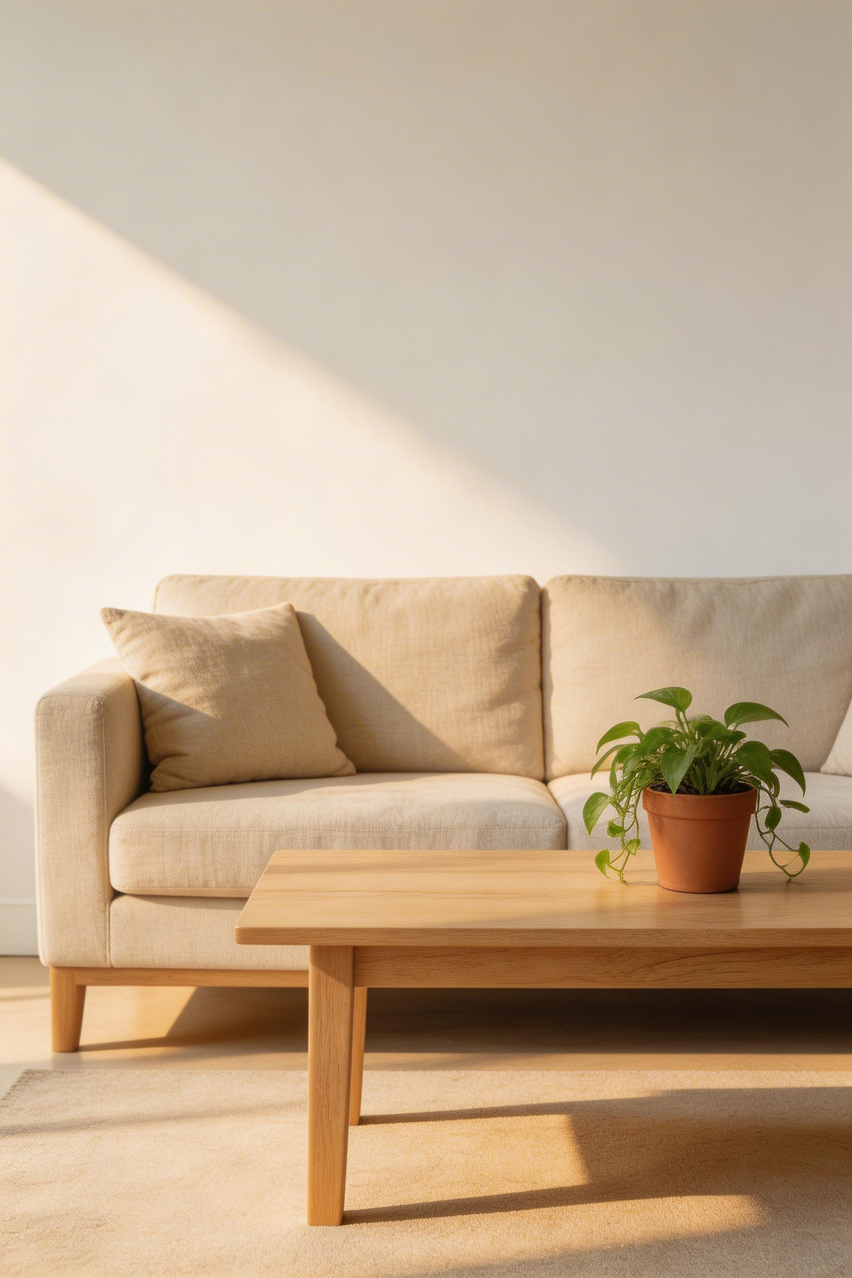 A single natural oak coffee table adds the organic warmth that simple living room ideas need to feel inviting rather than clinical — without introducing pattern or competing visual elements.