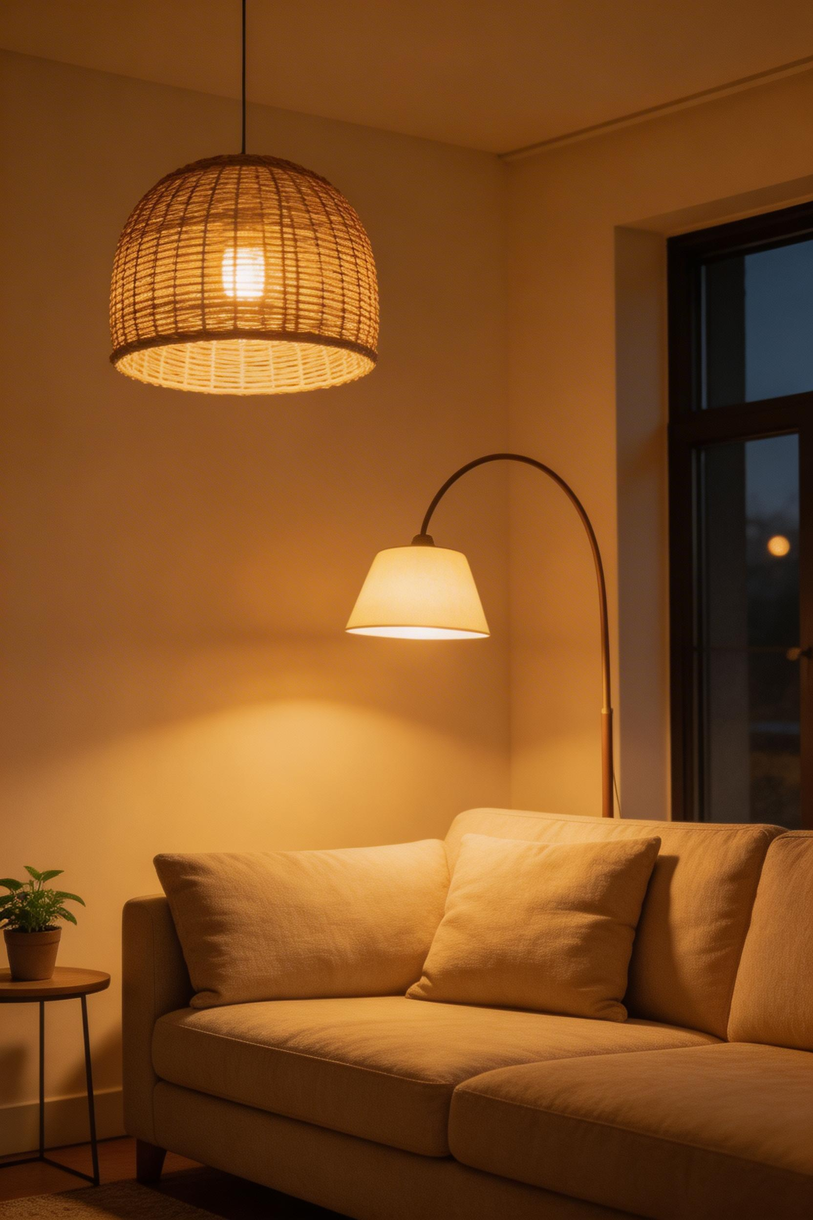 A dimmable pendant and one well-placed floor lamp are all the lighting a simple living room needs — this two-layer approach is one of the most mood-transforming simple living room ideas.
