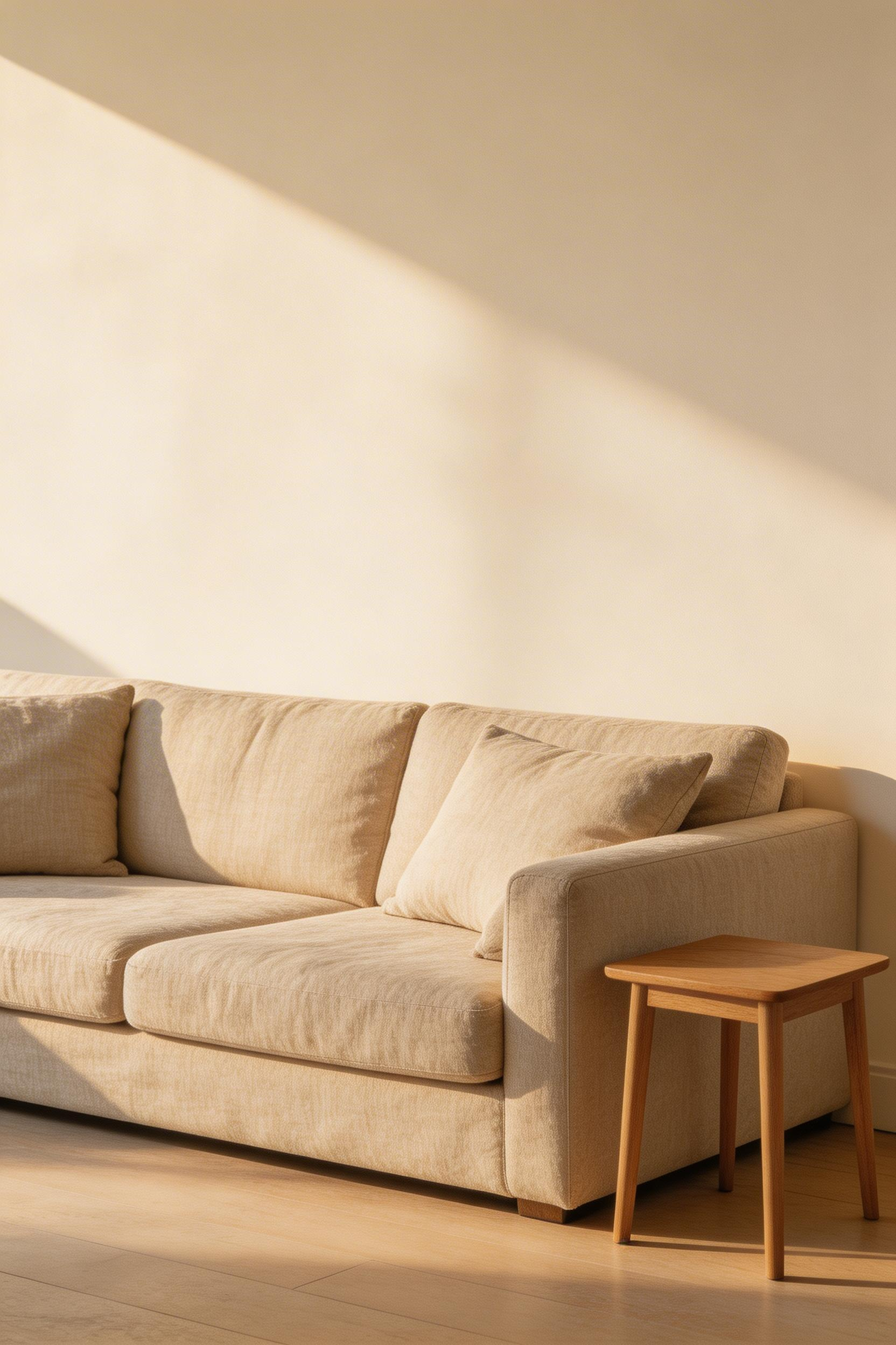 A well-proportioned neutral sofa in warm oatmeal linen grounds a simple living room without competing with any other element — one of the most foundational simple living room ideas.