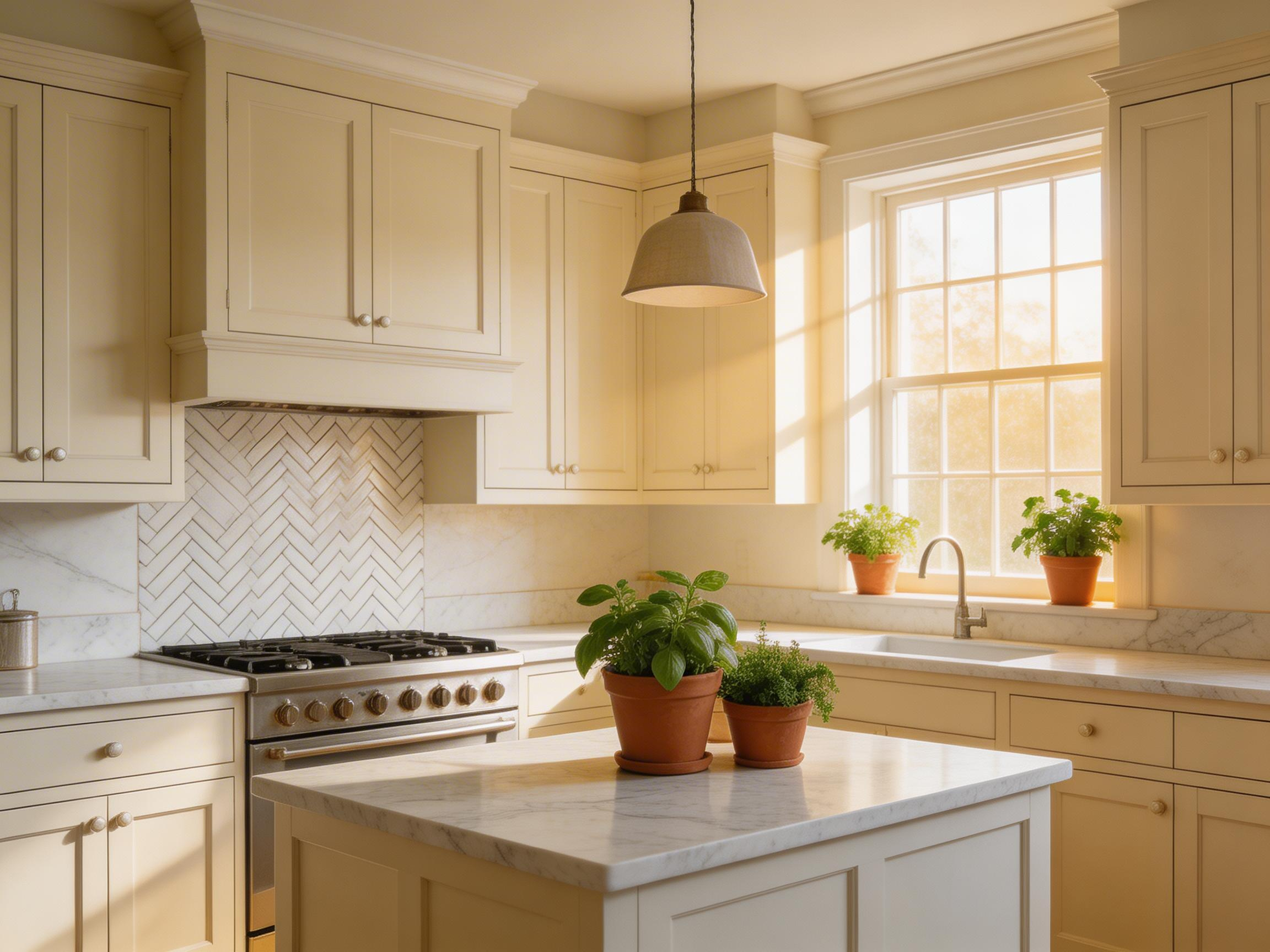 A classic white marble herringbone backsplash anchors this traditional kitchen — the interplay of natural stone texture and period cabinetry shows why heritage material choices outlast trends.