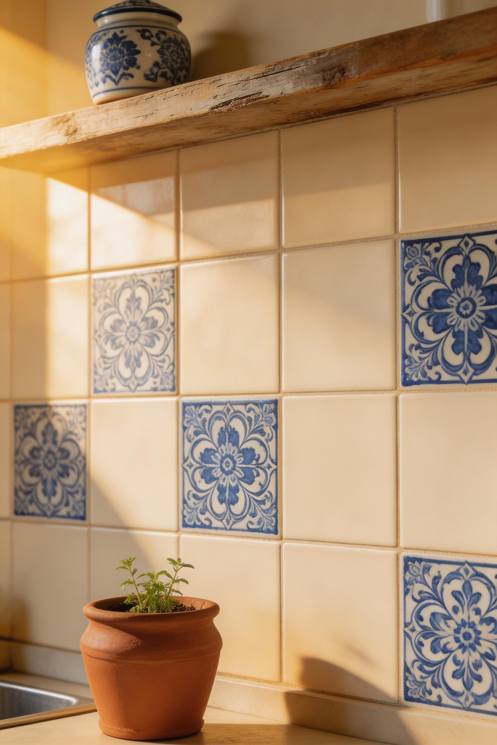Authentic Talavera ceramic tiles — with their hand-painted cobalt-on-white patterns — make a traditional kitchens backsplash that carries centuries of Mexican craft tradition into a modern kitchen.