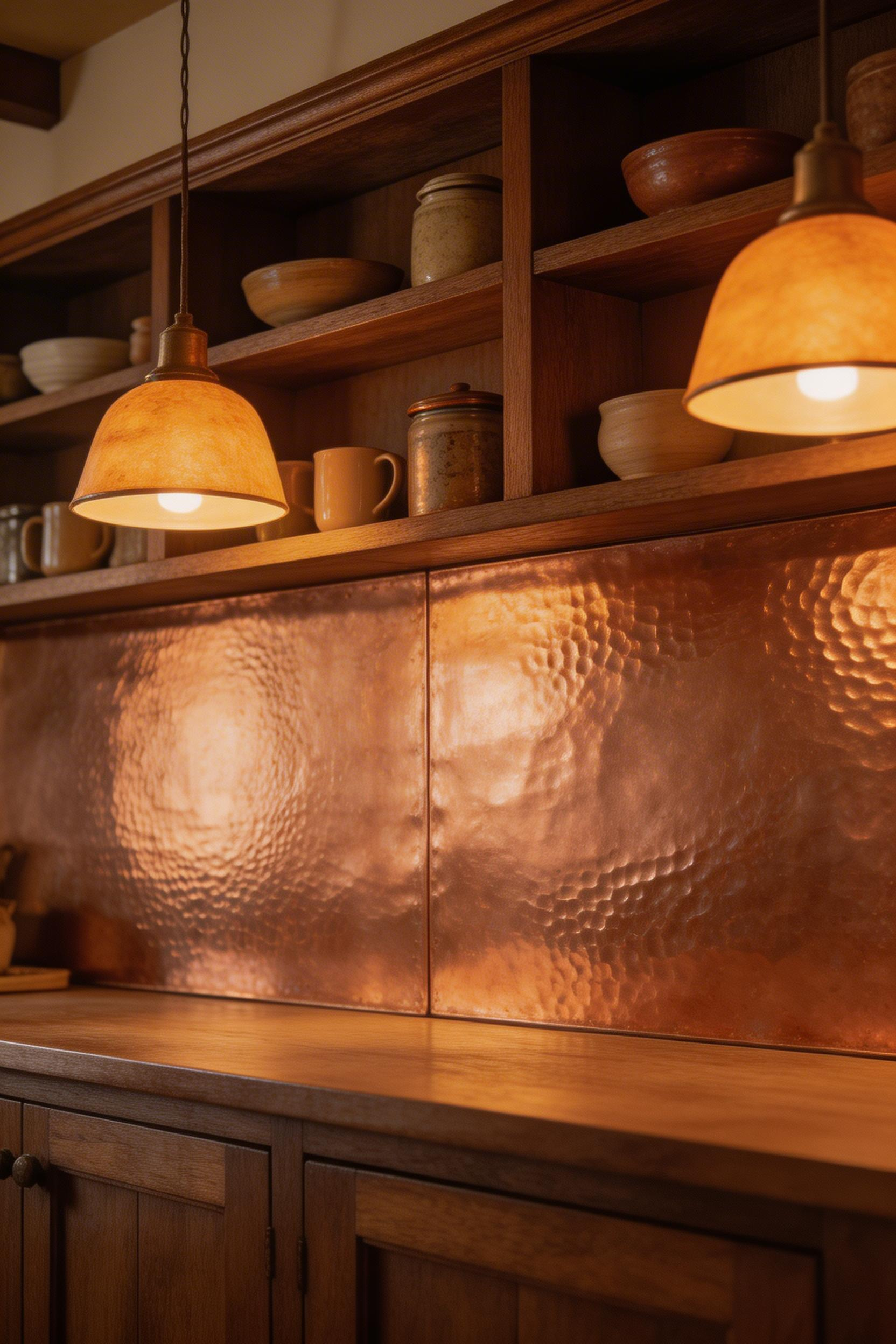 Hammered copper panels bring Arts and Crafts authenticity to a traditional kitchens backsplash — the natural warm-brown patina that develops in the first year of use is the most beautiful stage of the material's life.