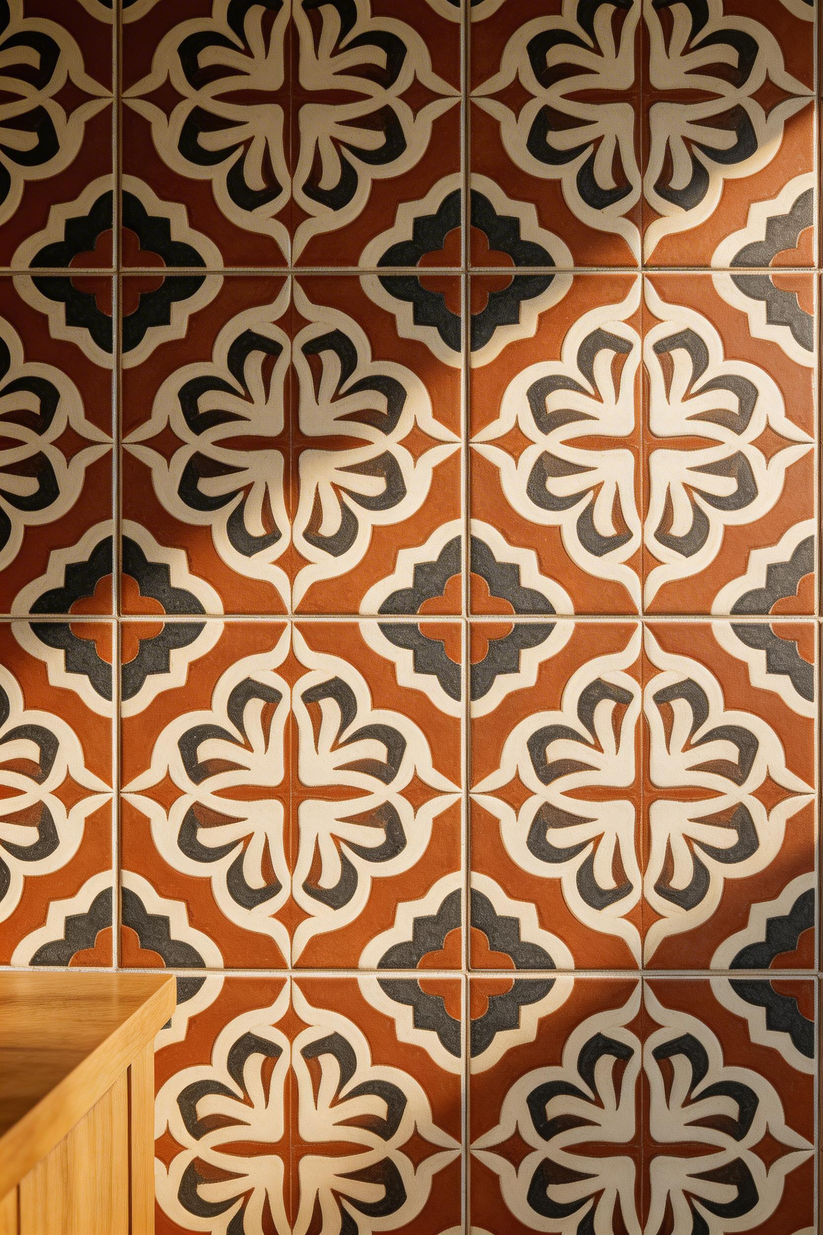 Arabesque Moroccan encaustic cement tiles bring geometric heritage and material depth to a traditional kitchens backsplash — the three-colour terracotta, ivory, and charcoal combination has worked for centuries.