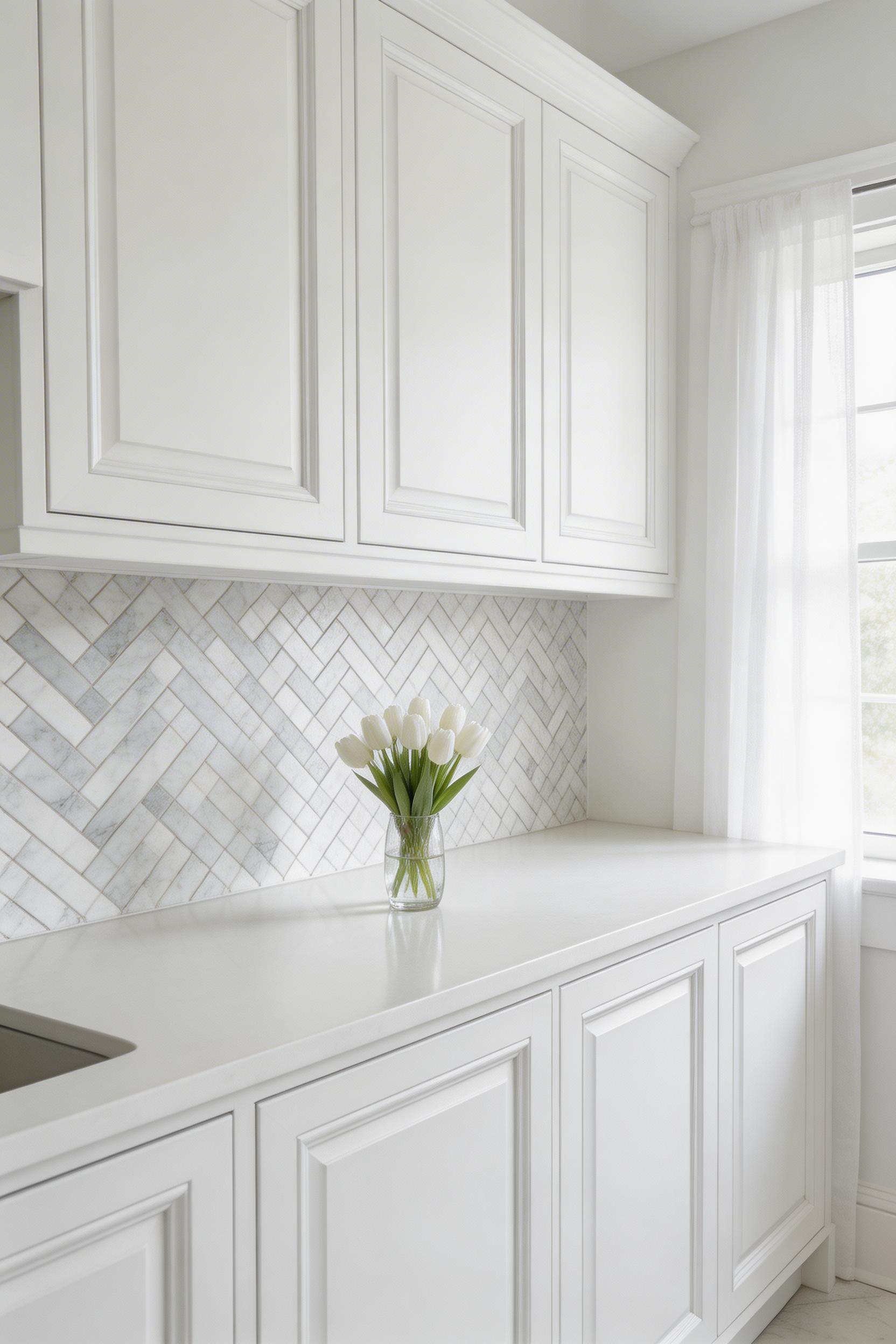 White marble herringbone mosaic brings classical movement and material richness to a traditional kitchens backsplash — the pattern carries visual interest without needing colour.