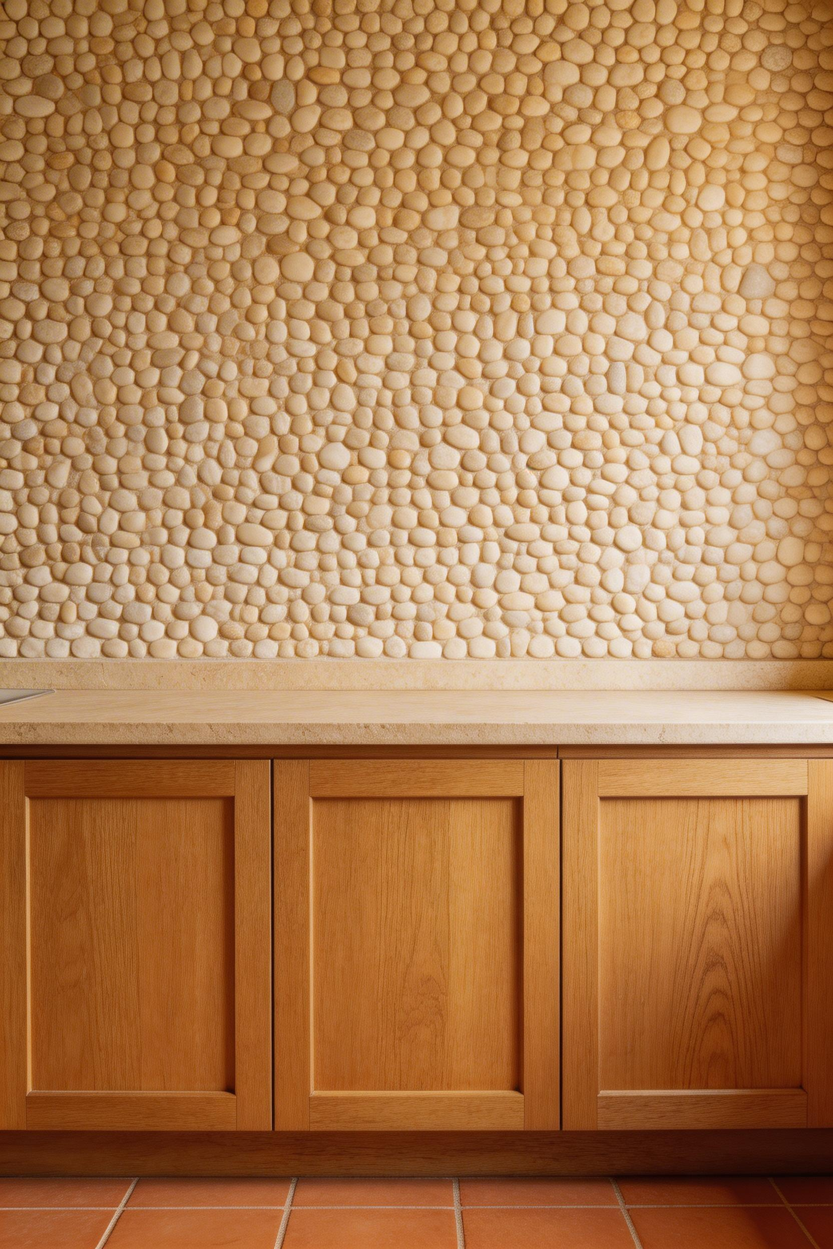 Mesh-mounted river stone pebble panels bring Provençal organic texture to a traditional kitchens backsplash — the buff grout and cream limestone tones read as genuinely Mediterranean and age beautifully with use.