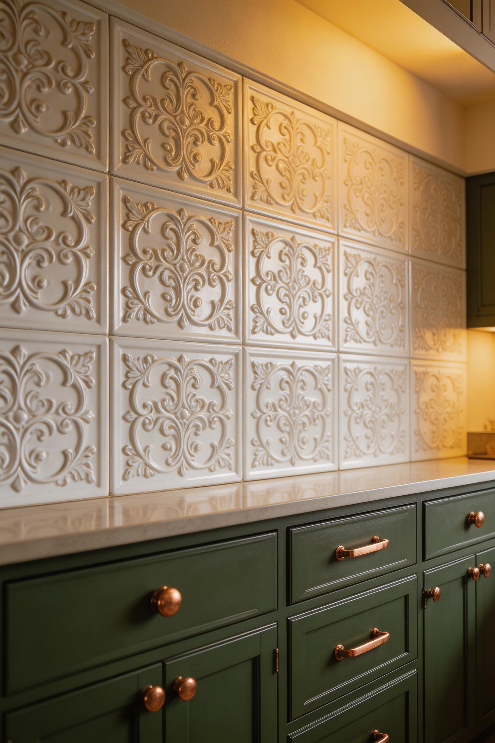 Victorian pressed tin ceiling panels repurposed as a kitchen backsplash make a traditional kitchens backsplash that is genuinely underused — the embossed relief catches light beautifully and references period millwork directly.