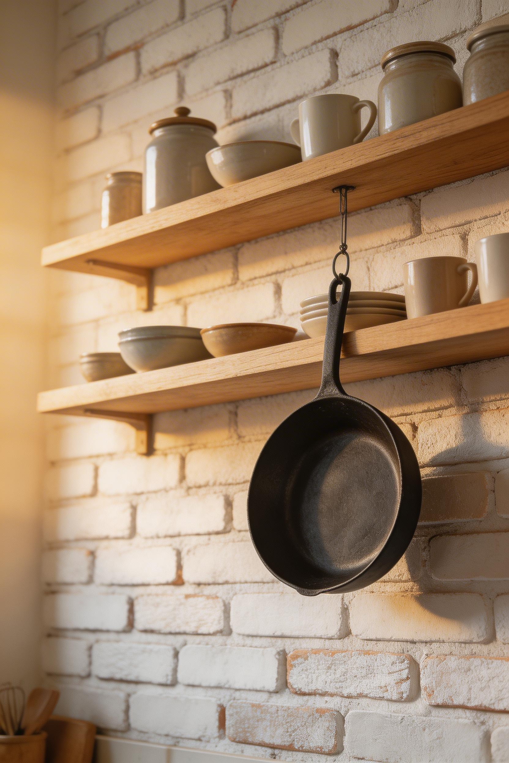 Reclaimed brick slips with a chalky lime wash finish create a traditional kitchens backsplash that references genuine British kitchen heritage — the textured surface reads as authentically aged rather than artificially distressed.