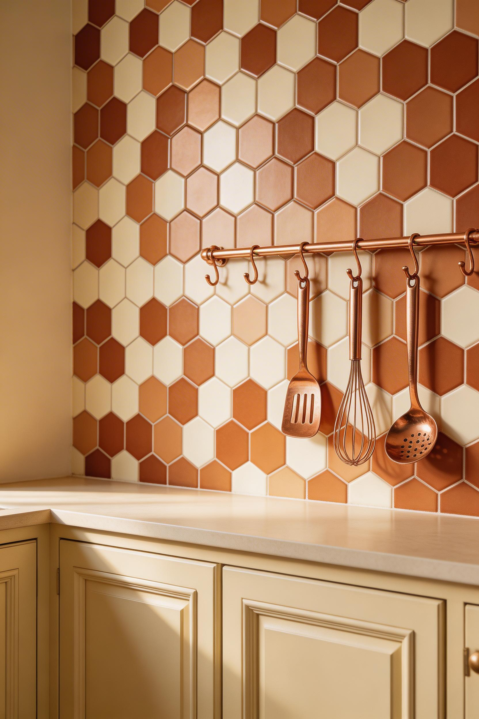 Hexagonal cement tiles in a terracotta and off-white two-tone pattern make a traditional kitchens backsplash that references Victorian floor tile heritage while reading as thoroughly intentional as a wall feature.