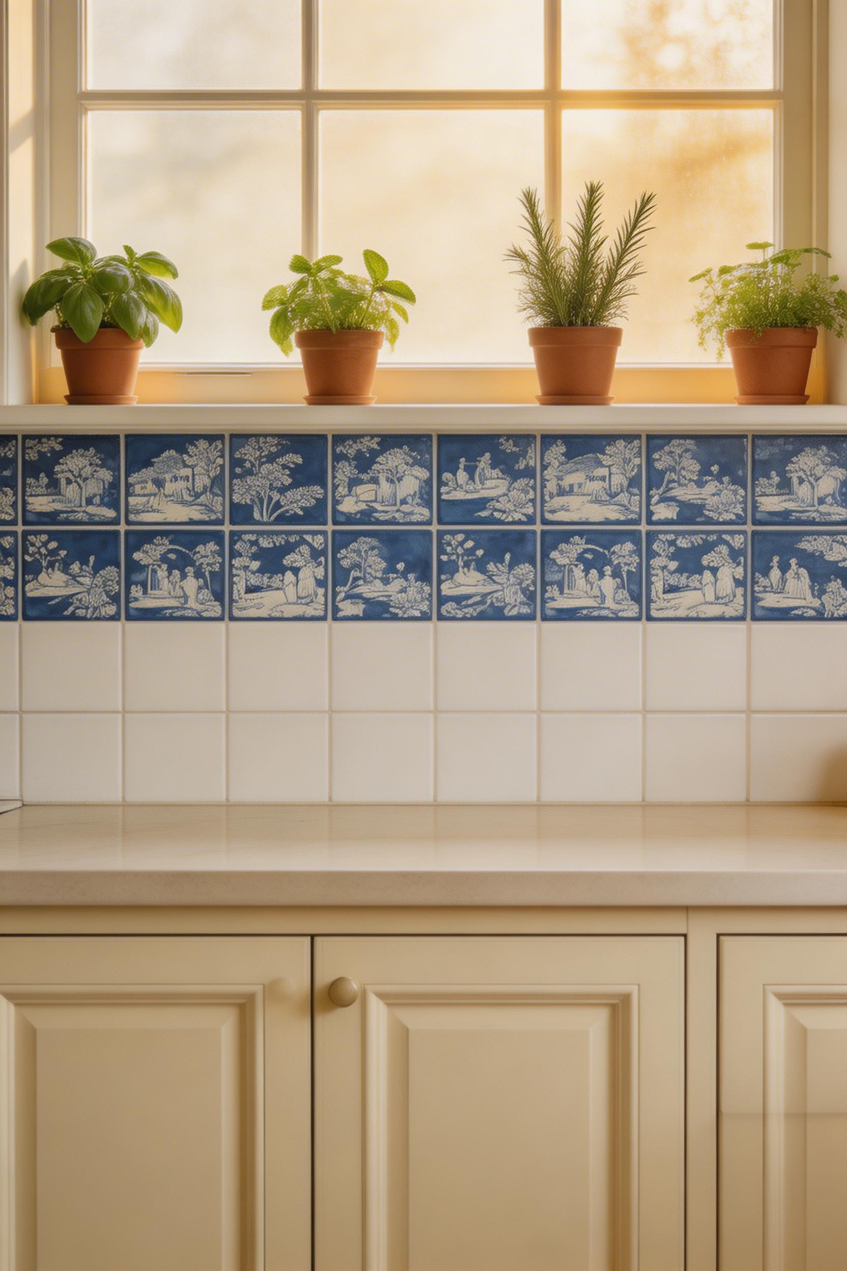 French country toile ceramic tiles — in cobalt blue on white — make a traditional kitchens backsplash that references 18th-century French pastoral tradition while remaining distinctly elegant in a modern kitchen.