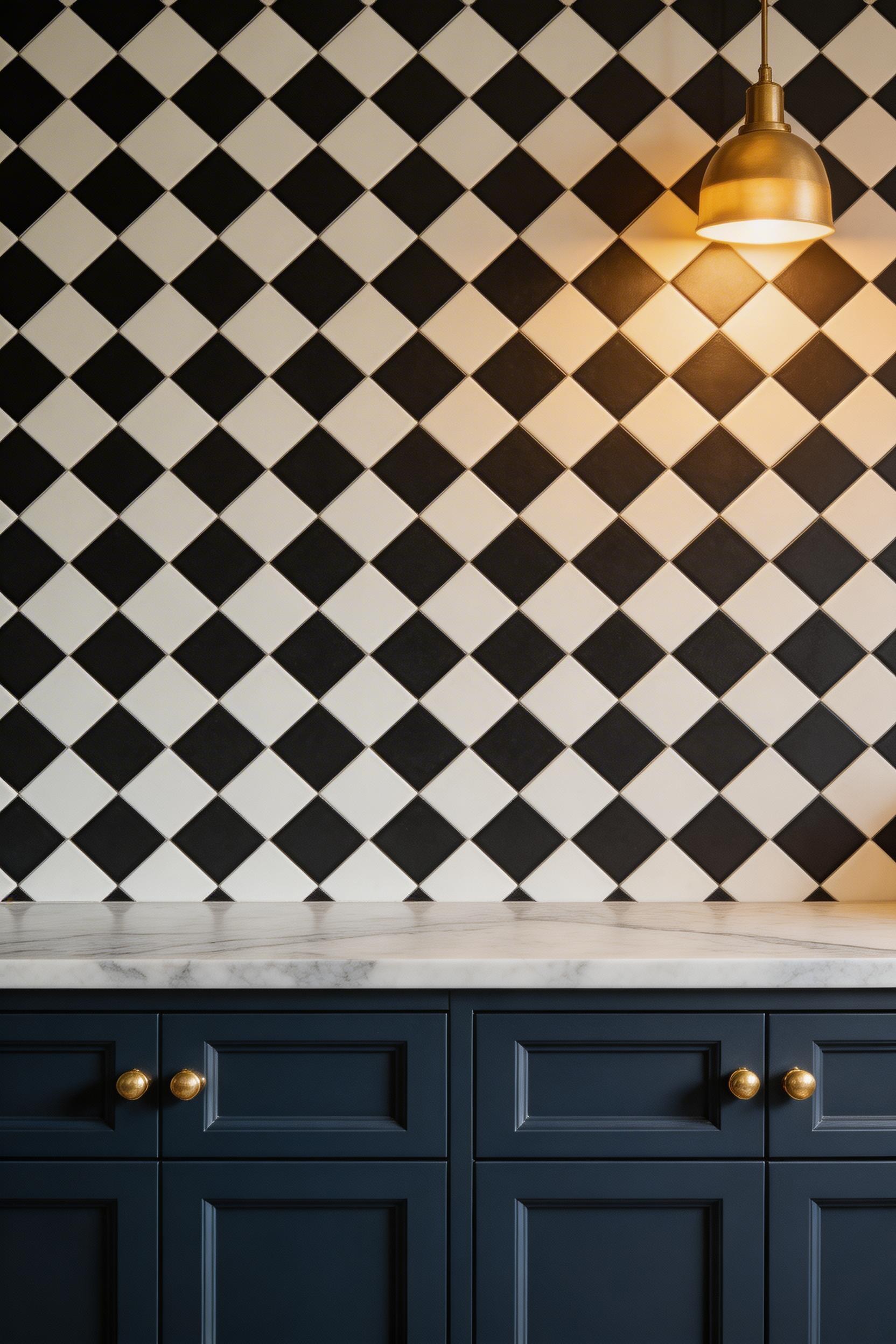 A 10x10cm ceramic checkerboard at 45 degrees makes a traditional kitchens backsplash that references genuine Edwardian kitchen heritage — the diagonal set reads as more period-accurate than a straight grid.