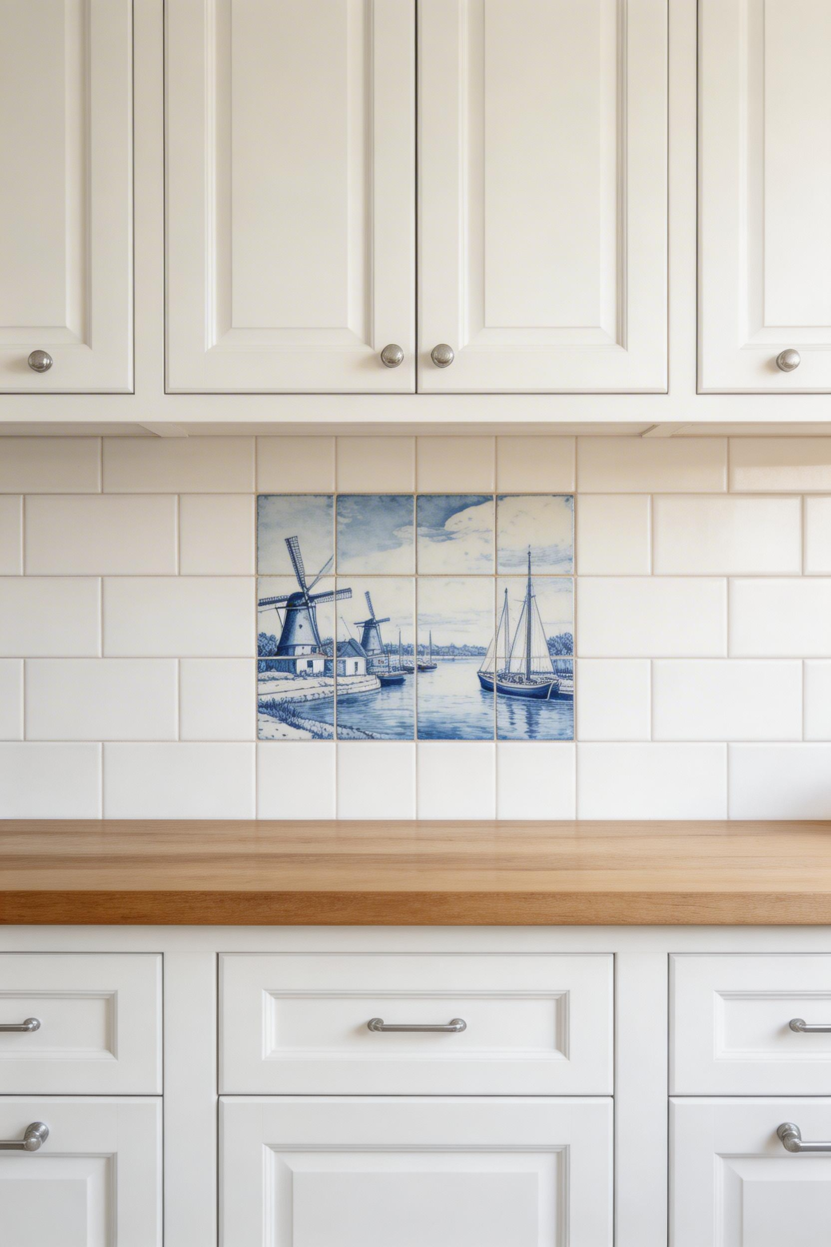 A Delft blue painted tile panel makes a traditional kitchens backsplash that functions almost as framed art — the 17th-century Dutch pastoral tradition translated directly onto the kitchen wall.