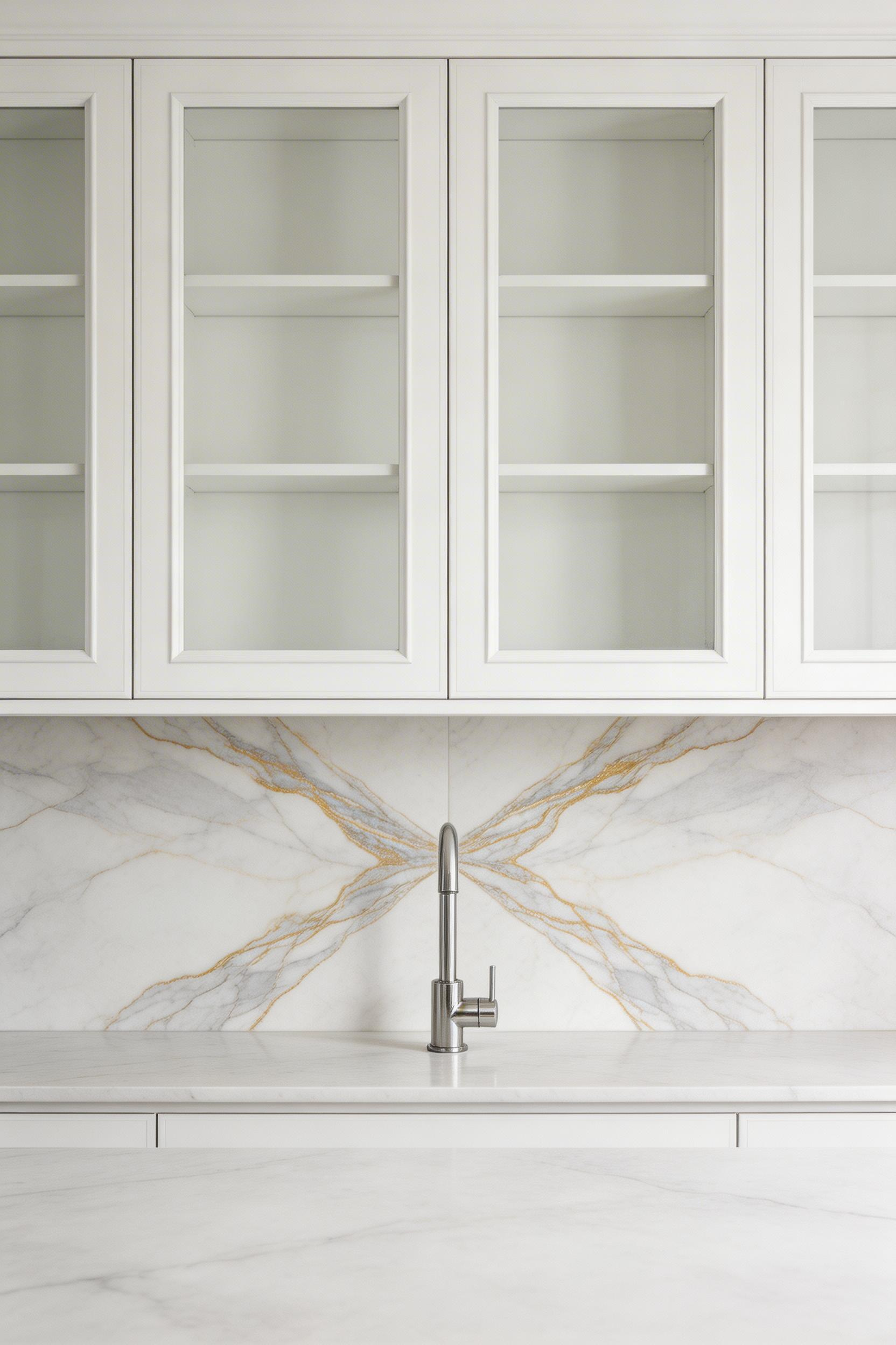 A book-matched Calacatta marble slab makes a traditional kitchens backsplash that is also a focal wall — the continuous mirror-image veining has a quality that cannot be replicated at smaller scale.