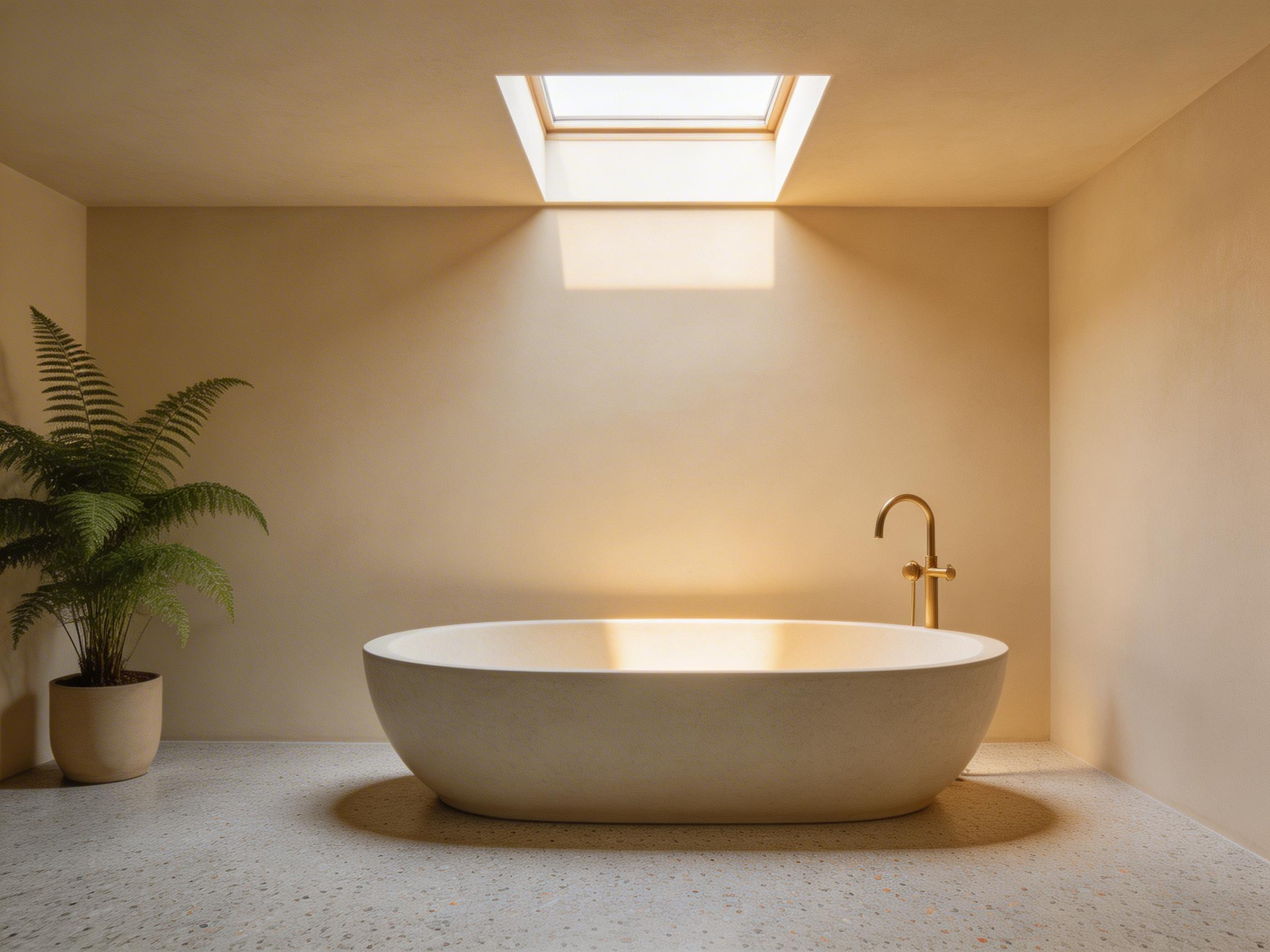 A serene minimal bathroom combining wabi-sabi plaster, terrazzo floors, and a freestanding stone bath — the kind of bathroom design inspiration that holds together because every material speaks the same language.