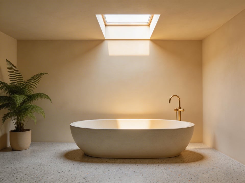 A serene minimal bathroom combining wabi-sabi plaster, terrazzo floors, and a freestanding stone bath — the kind of bathroom design inspiration that holds together because every material speaks the same language.