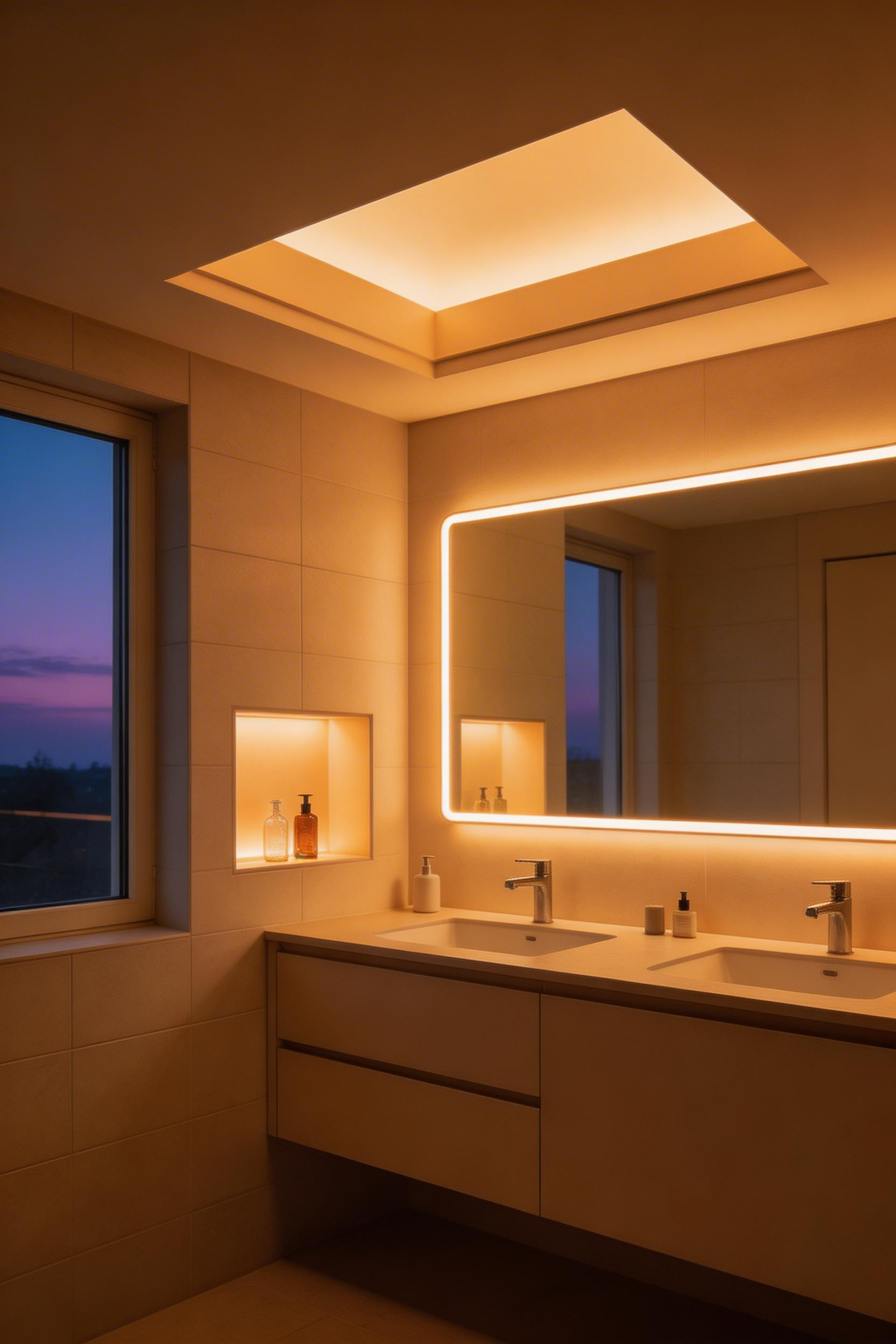 Indirect layered lighting — hidden LEDs, dimmers, and recessed niches — transforms a bathroom from functional to genuinely spa-like, a foundation of thoughtful bathroom design inspiration.